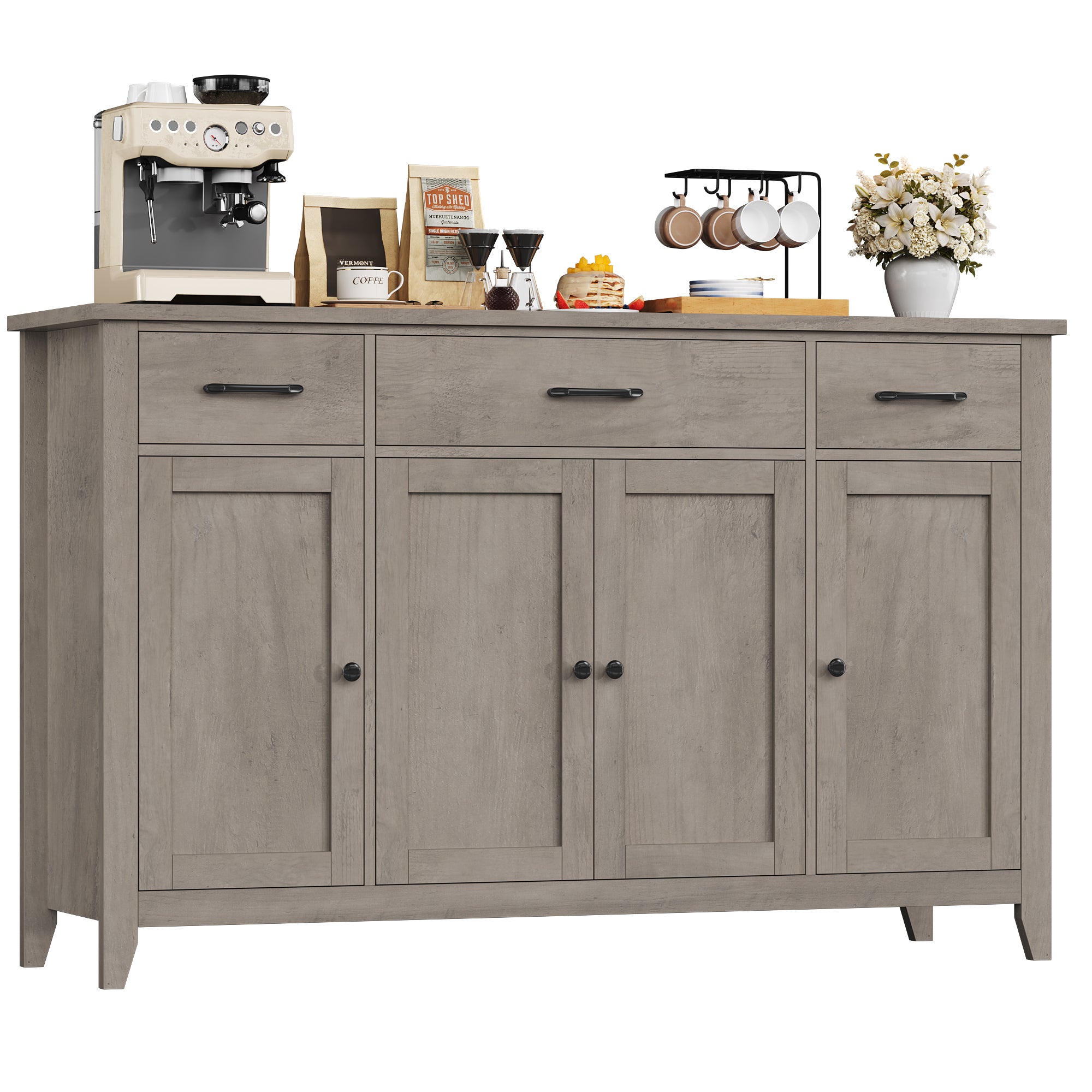 Hiphuta 55"Wide Buffet Cabinet with 2 Adjustable Shelves, Modern Farmhouse Coffee Bar with 3 Drawers and Sturdy Base for Living Room, Ash Gray