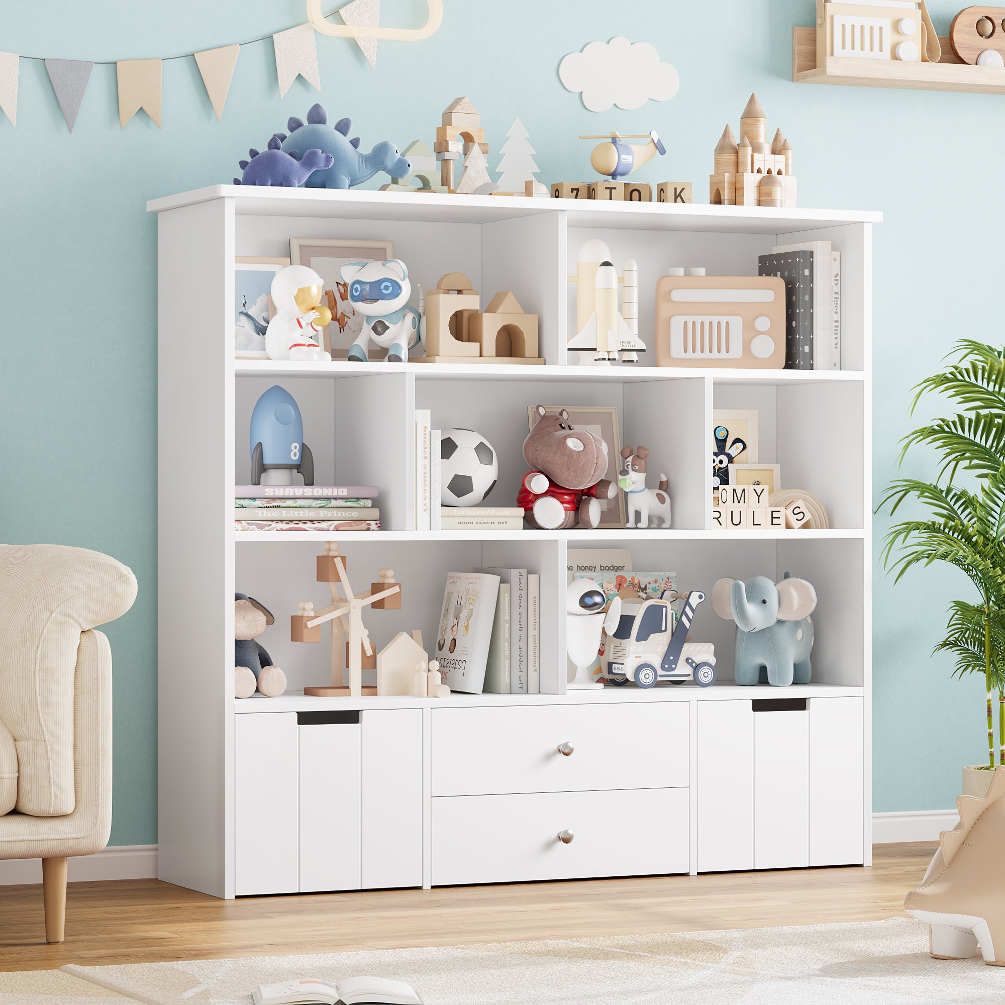 Hiphuta Kid’s Toy Storage Organizer, Wood Toy Cabinet of 7 Cubes & 4 Drawers, White Bookshelf for Kids Bedroom