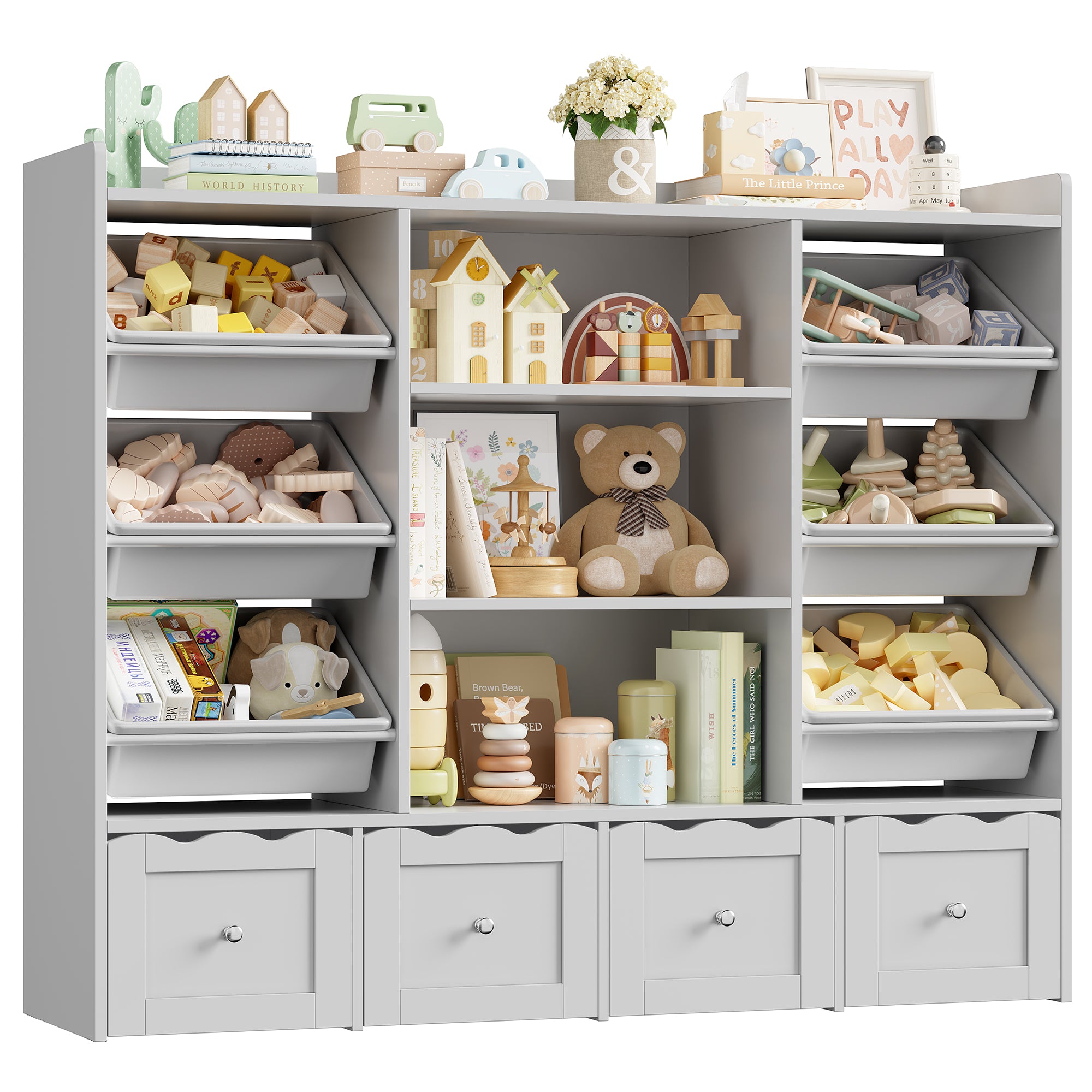 Hiphuta 55" Wide Toy Storage Organizer with 4 Removable Drawers, 4-Tier Kid Bookcase with 6 Bins, Toy Organizer with Bookcase for Kid Bedroom Playroom, Gray