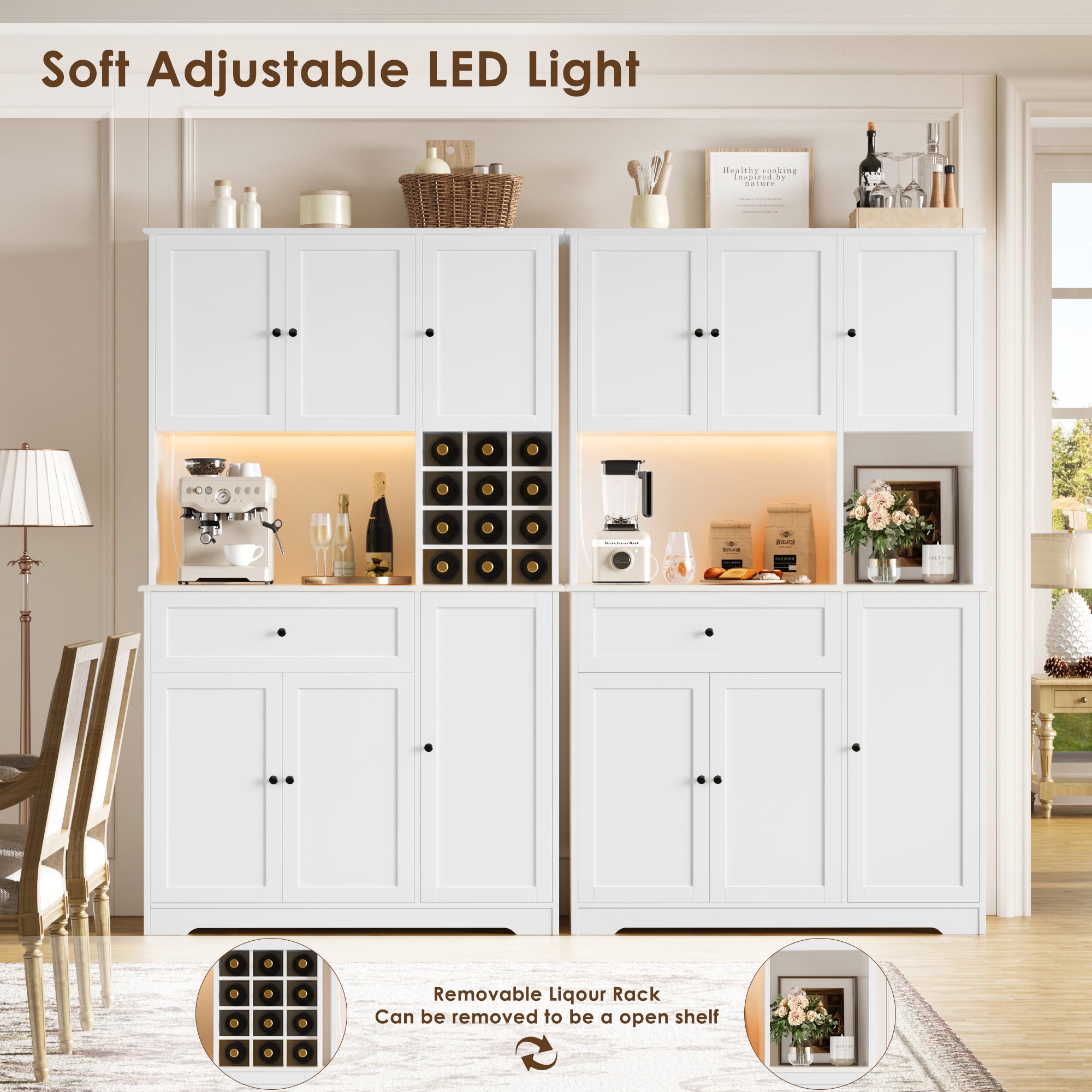 Hiphuta 71" Pantry Cabinet with Charging Station, Kitchen Pantry Storage Cabinet with Microwave Stand & Wine Rack, Kitchen Hutch Cabinet with Storage Drawers, Food Pantry Cabinet with Countertop for Dining Room, White