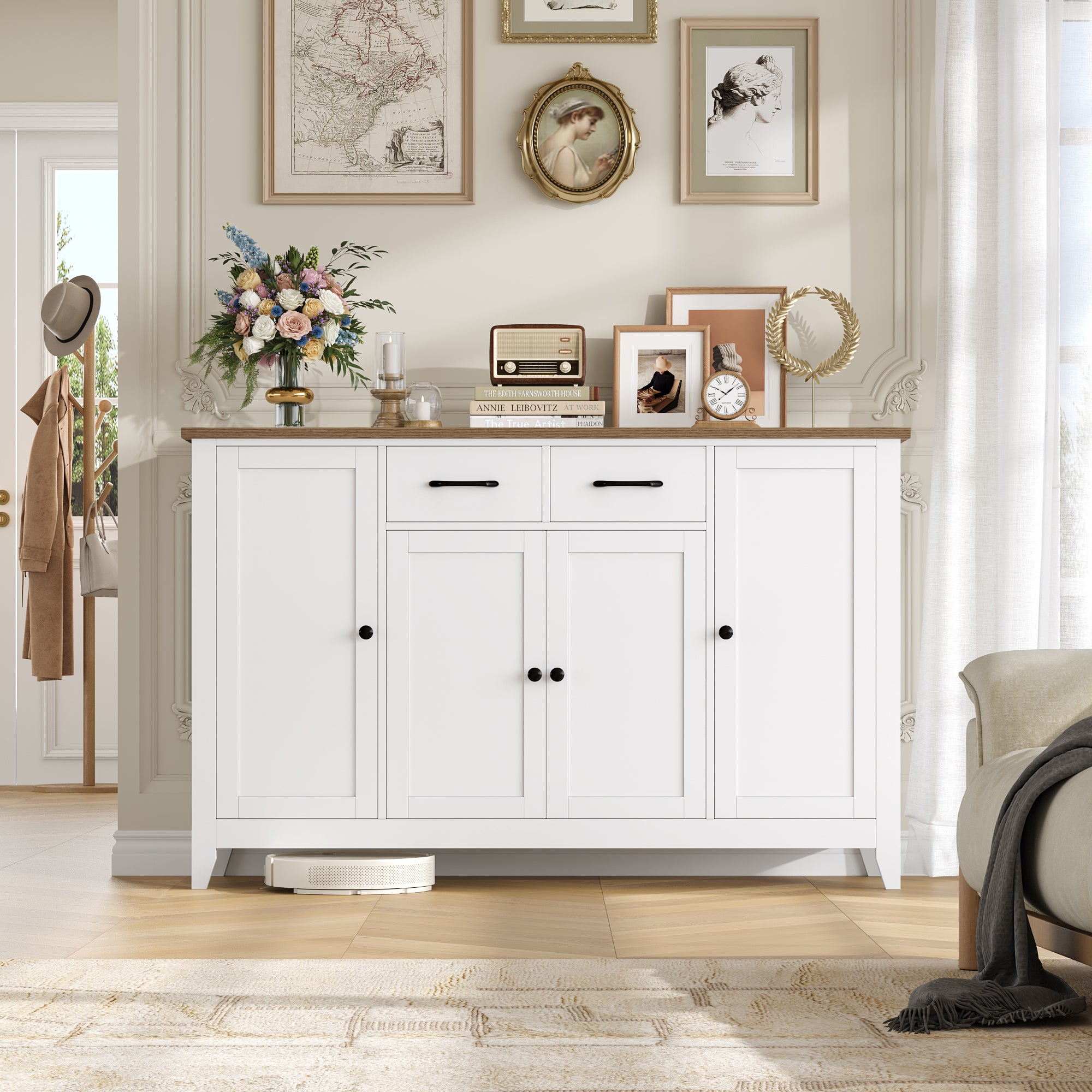 Hiphuta 55" Wide Buffet Cabinet with 2 Drawers & Adjustable Shelves, Modern Coffee Bar Cabinet with 2 Drawers and Sturdy Base for Living Room, White