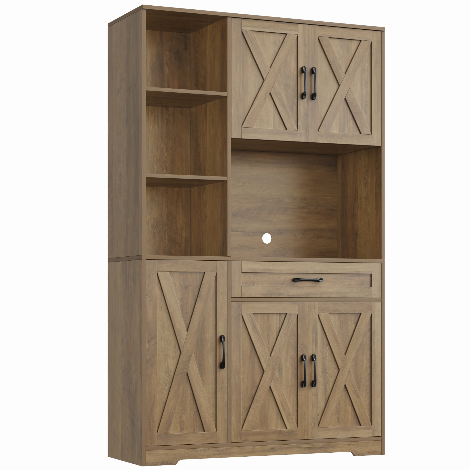 Hiphuta 71" Farmhouse Kitchen Pantry Storage Cabinet, Freestanding Hutch with Doors, Shelves & Microwave Stand, Cupboard for Dining Room, Rustic Brown