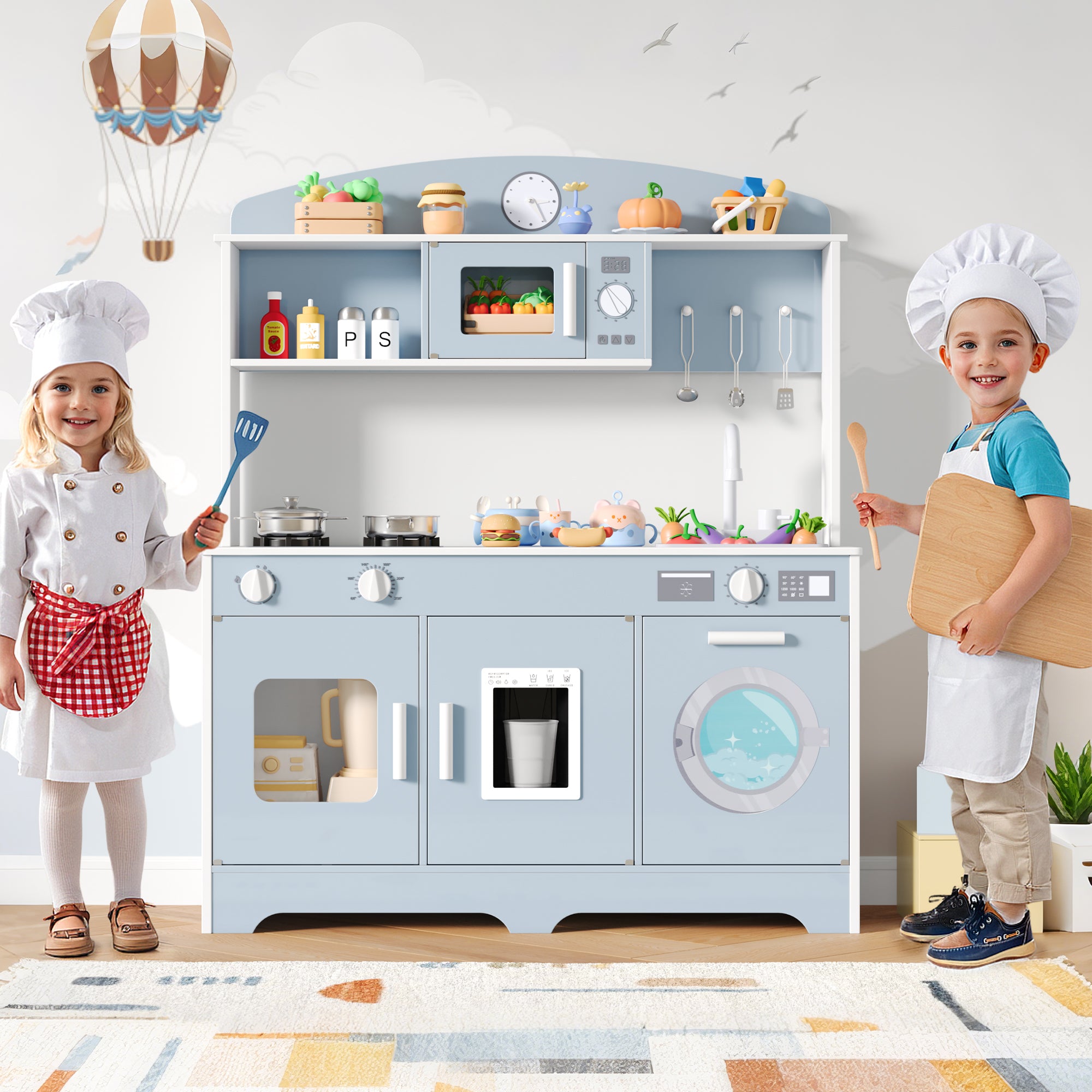 Hiphuta Play Kitchen for Kids, Wooden Kids Kitchen Playset with Plenty of Play Features, Chef Pretend Play Set for Boys and Girls Age Ages 3-10, Toys Kitchen with 11 Pcs Accessories, Blue