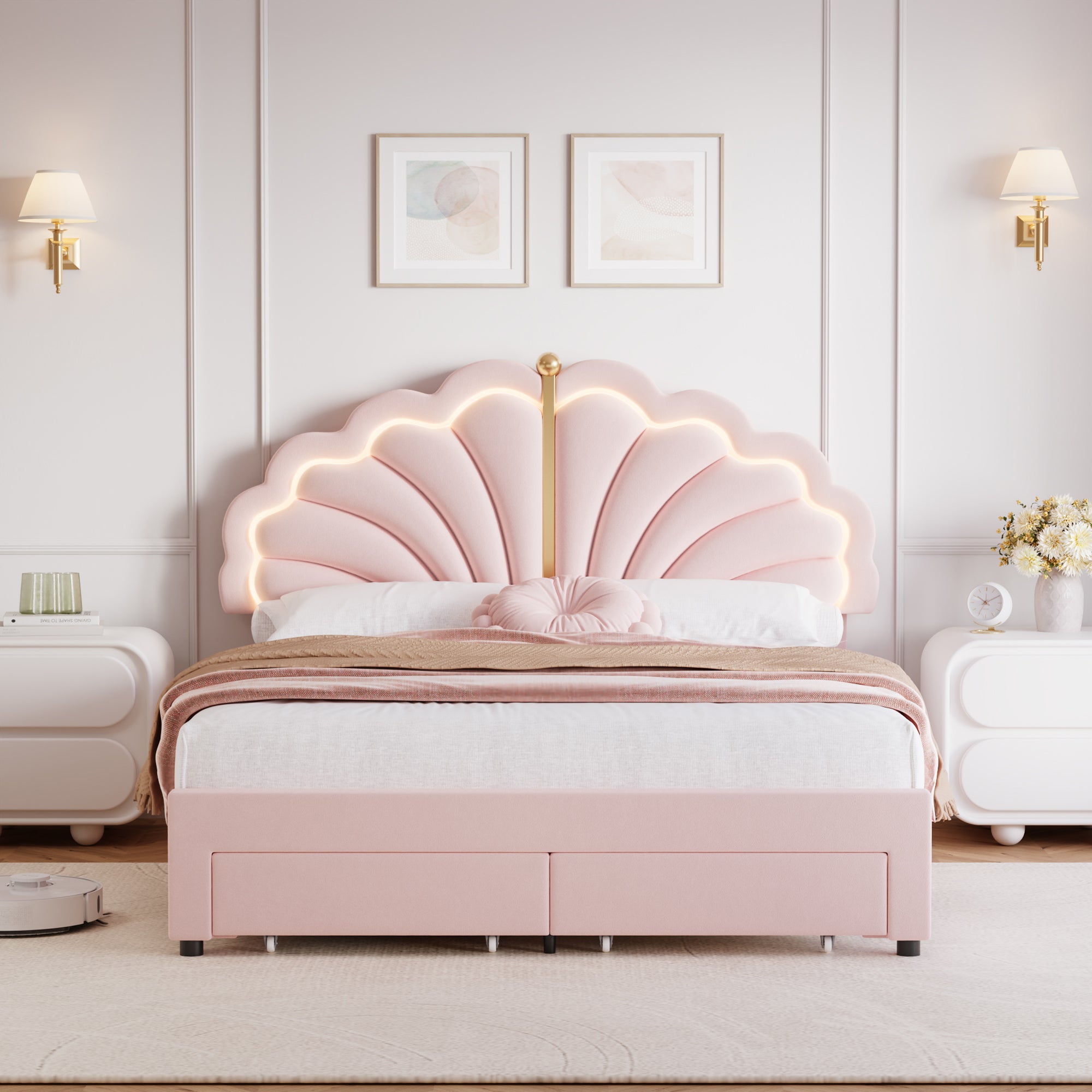 Hiphuta Kids LED Queen Bed with 2 Drawers, LED Lights Platform Bed Frame with Upholstered Tufted Headboard, No Box Spring Needed, Velvet Pink