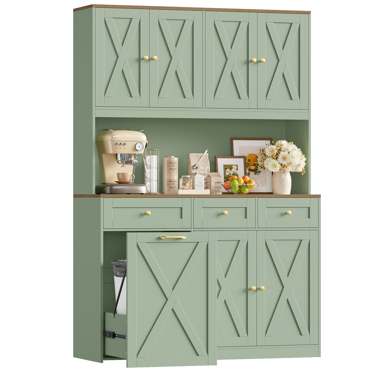 Hiphuta 73” Tall Kitchen Pantry Cabinet Fits 13 Gallon Trash Can Cabinet, Farmhouse Kitchen Storage Hutch with Pull Out Trash Can Storage for Dining Room Living Room, Green