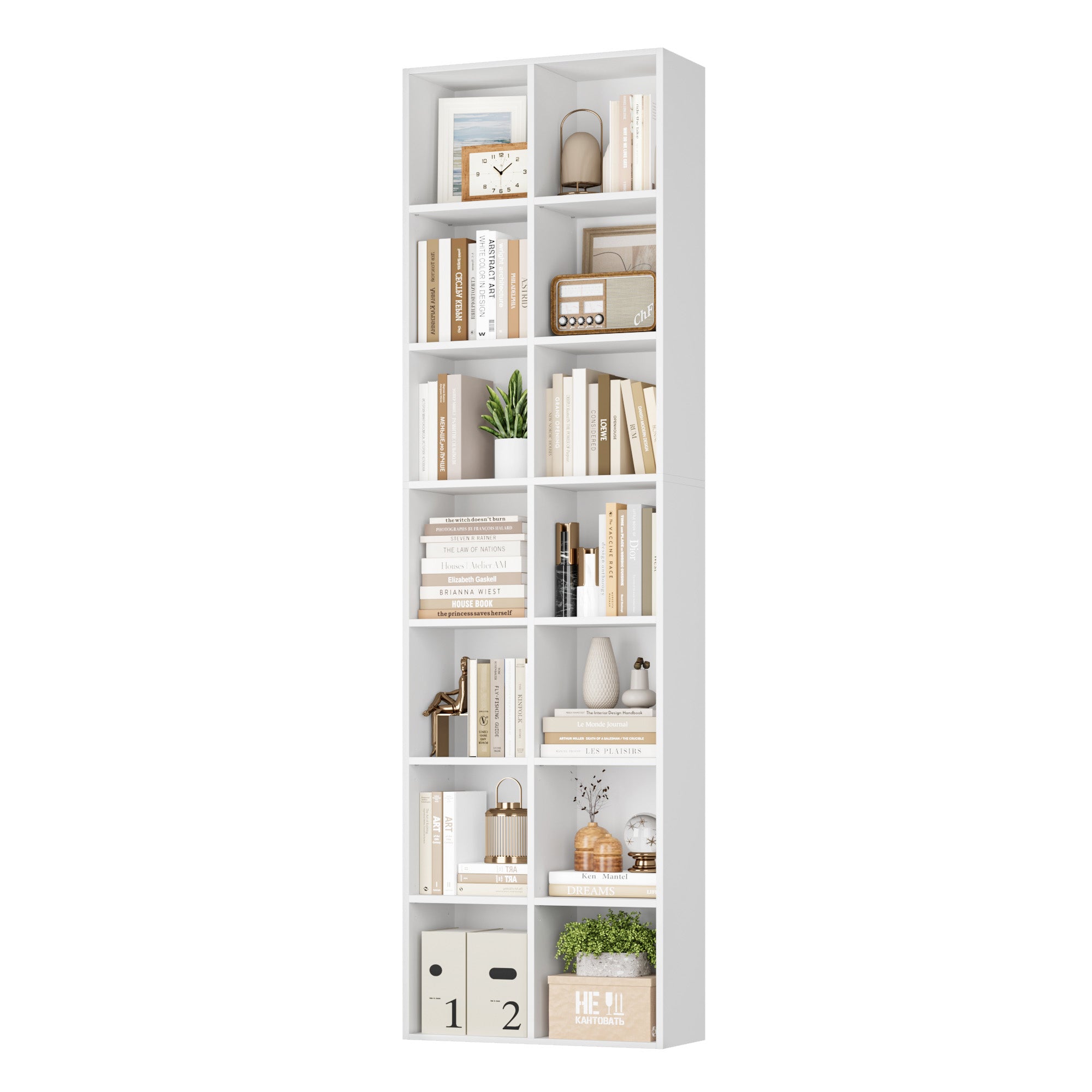 Hiphuta Tall Narrow Bookshelf 14 Tiers, Compact Corner Bookcase, Easy to Match for Living Room, Office, Study, Bedroom, White