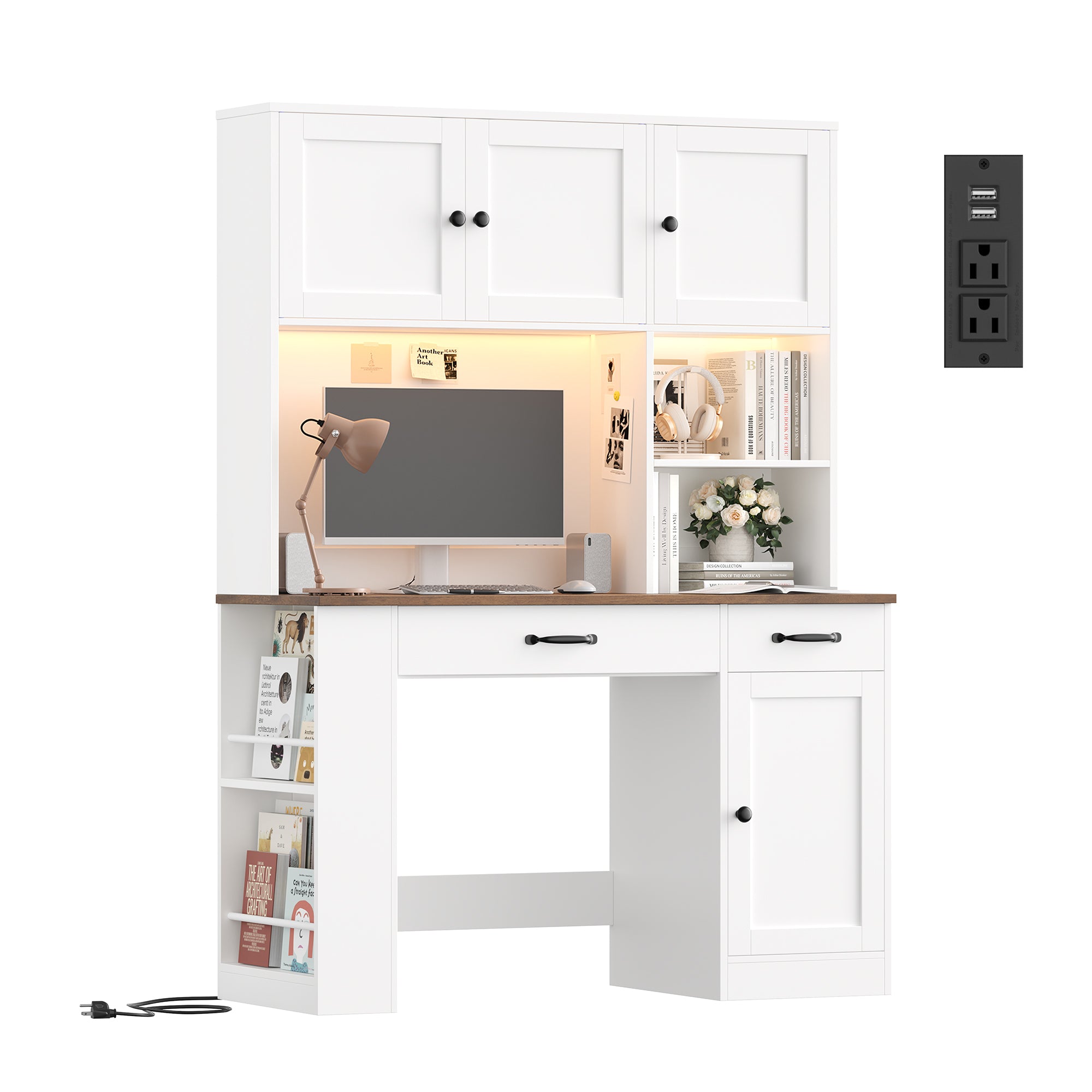 Hiphuta Executive Desk with Hutch & Power Outlets, Wood Writing Study Table with Adjustable Shelves, Home Office Computer Desk with Drawers, White