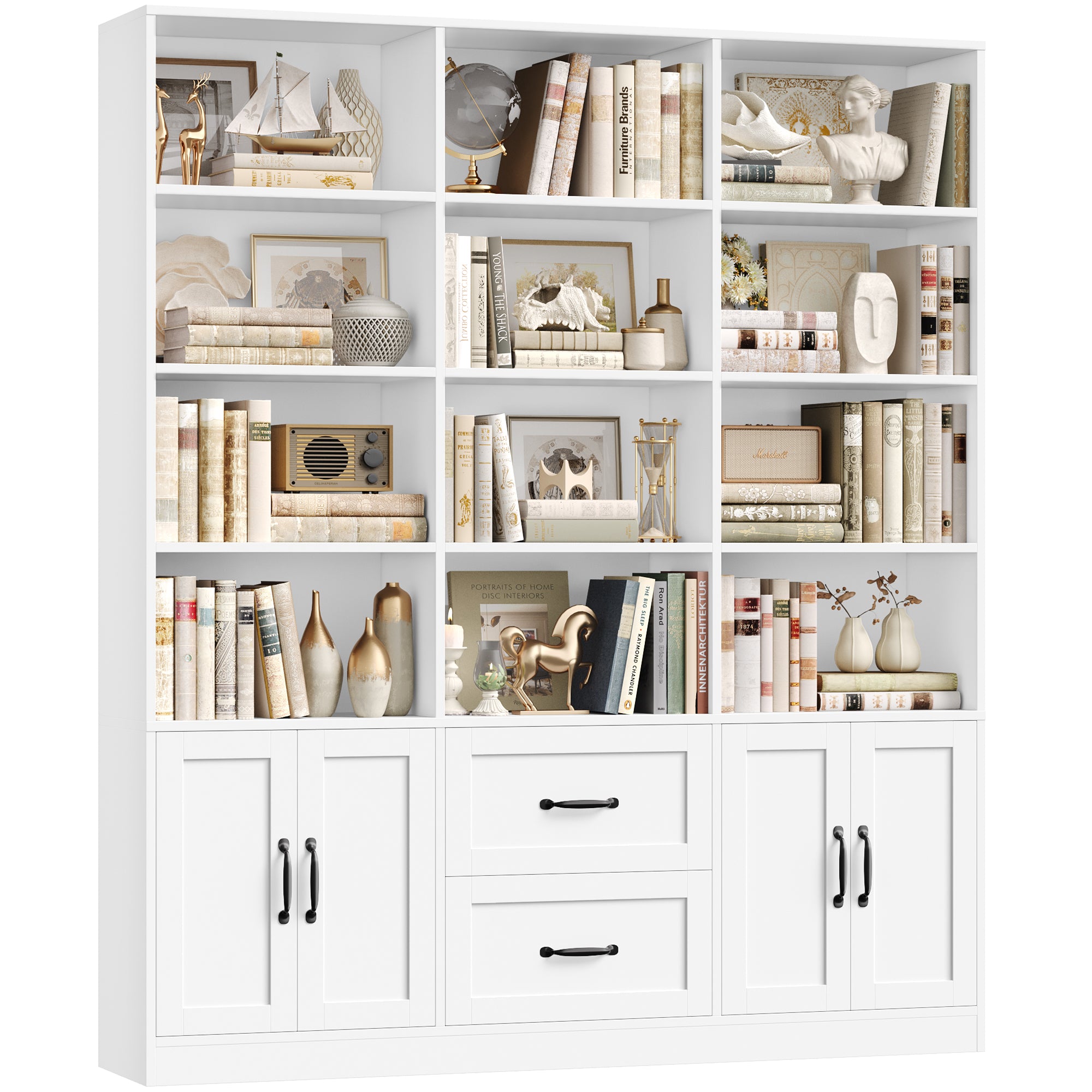 Hiphuta Triple Row 4-tier Bookcase, Large Bookcase with 4 Doors and 2 Drawers, Modern Minimalist Bookcase for Office Living Room, White