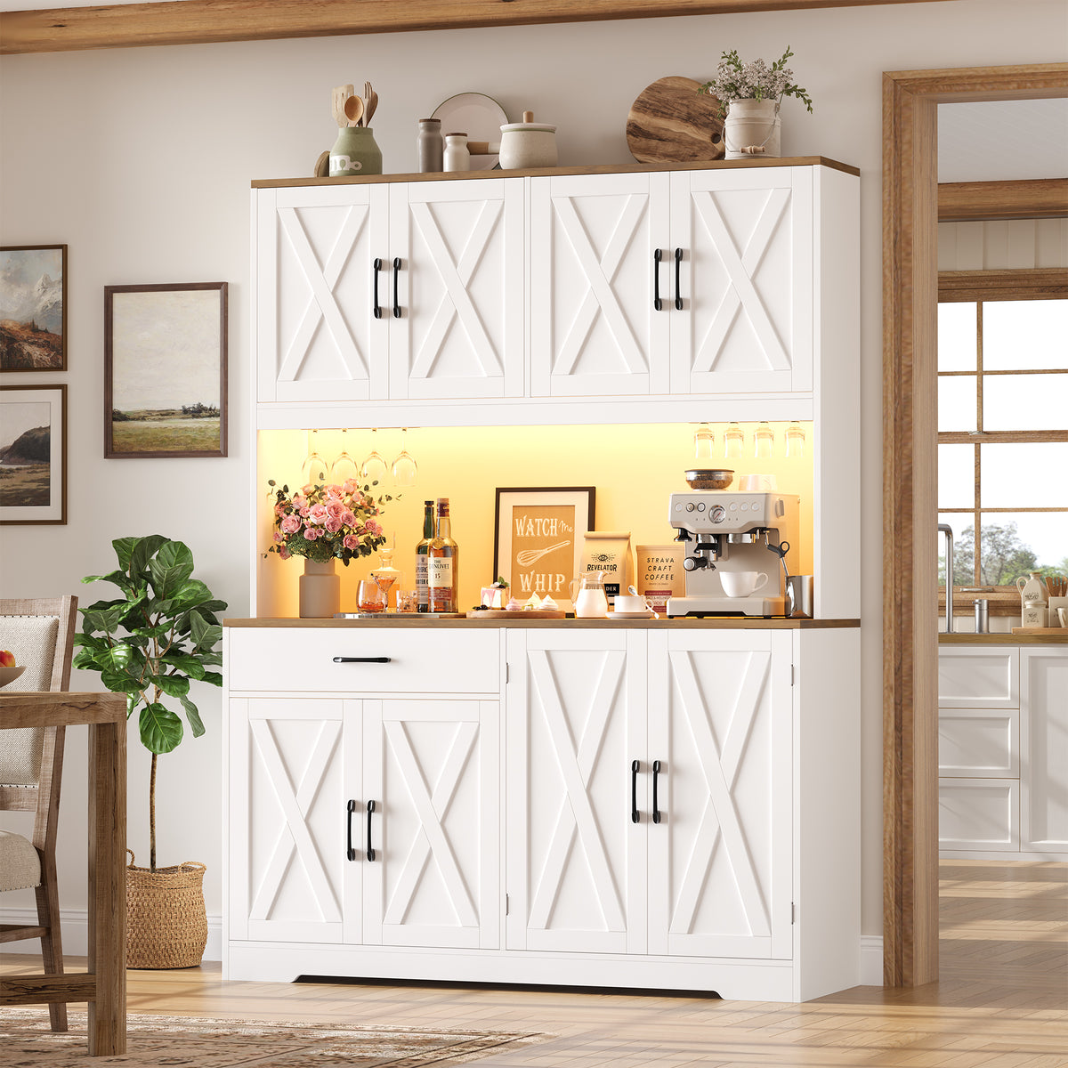 Hiphuta Large Kitchen Pantry Storage Cabinet with 8 Doors, Farmhouse Hutch Cabinet with RGB LED and Cup holders, White