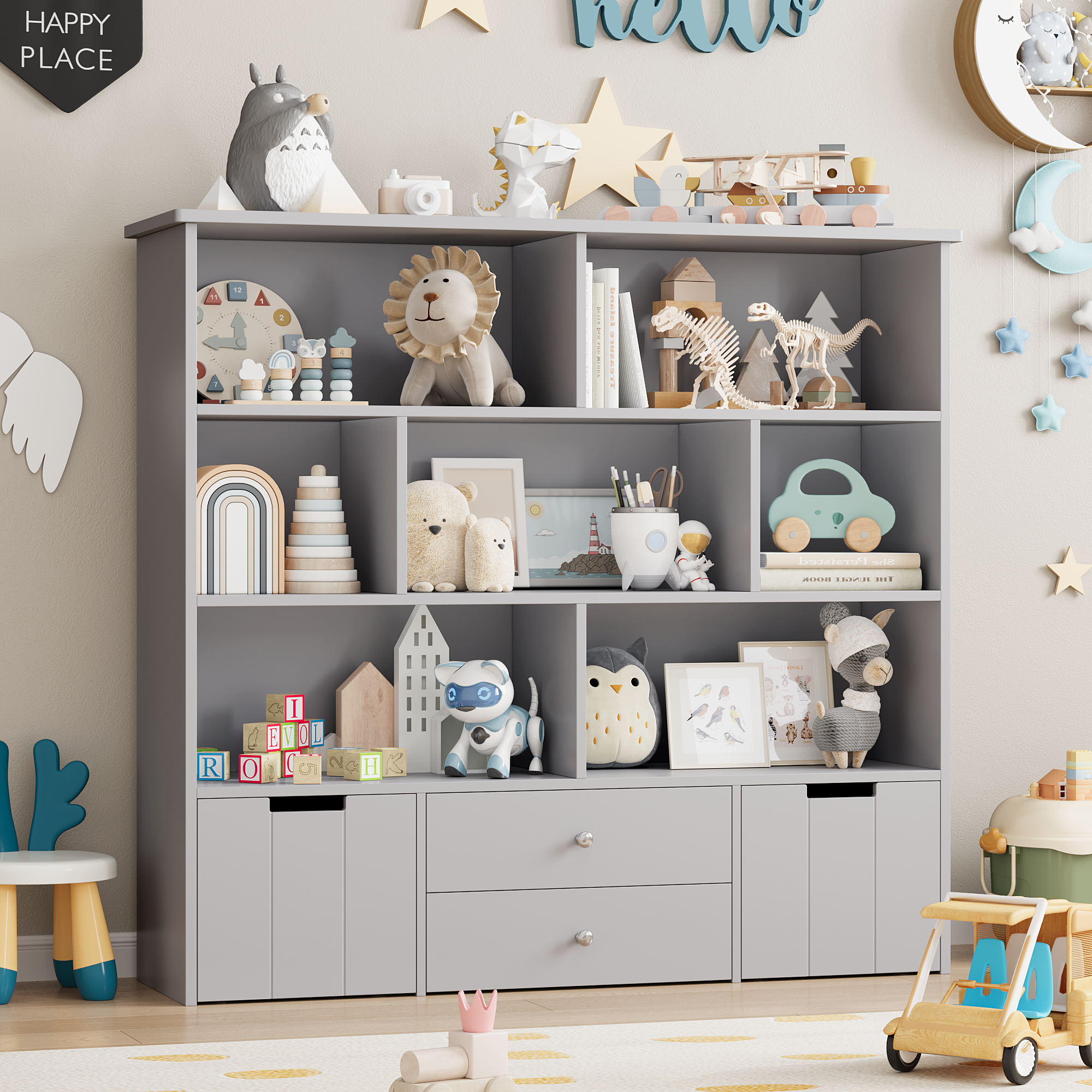 Hiphuta Kid's Toy Storage Organizer, Wood Toy Cabinet of 7 Cubes & 4 Drawers, Bookshelf for Kids Bedroom, Gray