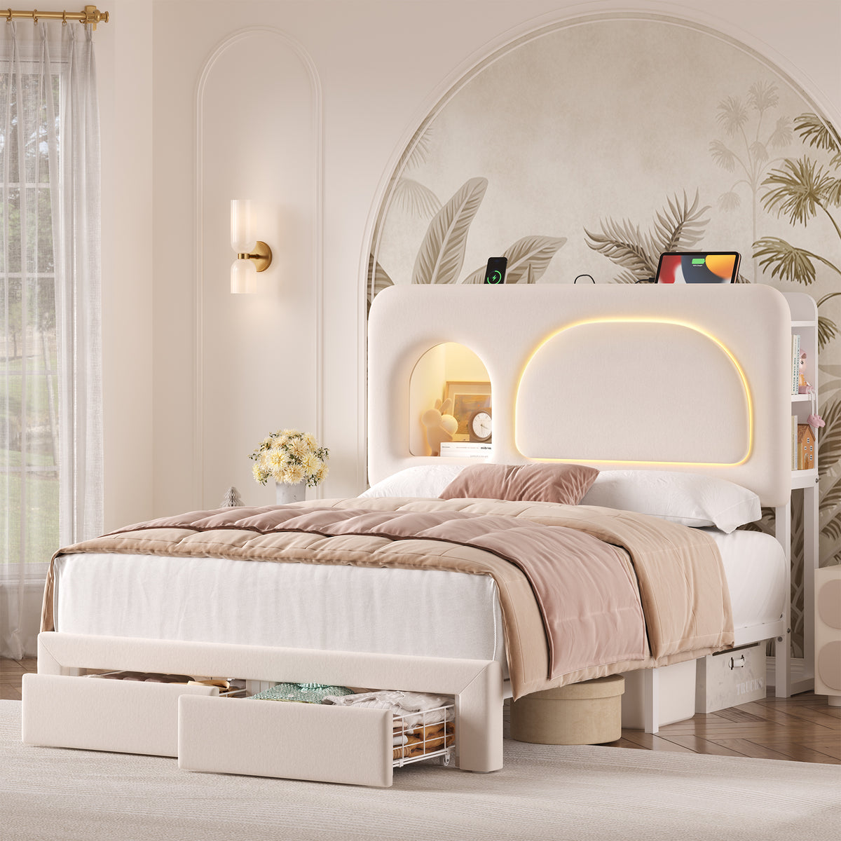 Hiphuta Full Size Bed Frame with RGB LED and Power Outlets, Velvet Uph