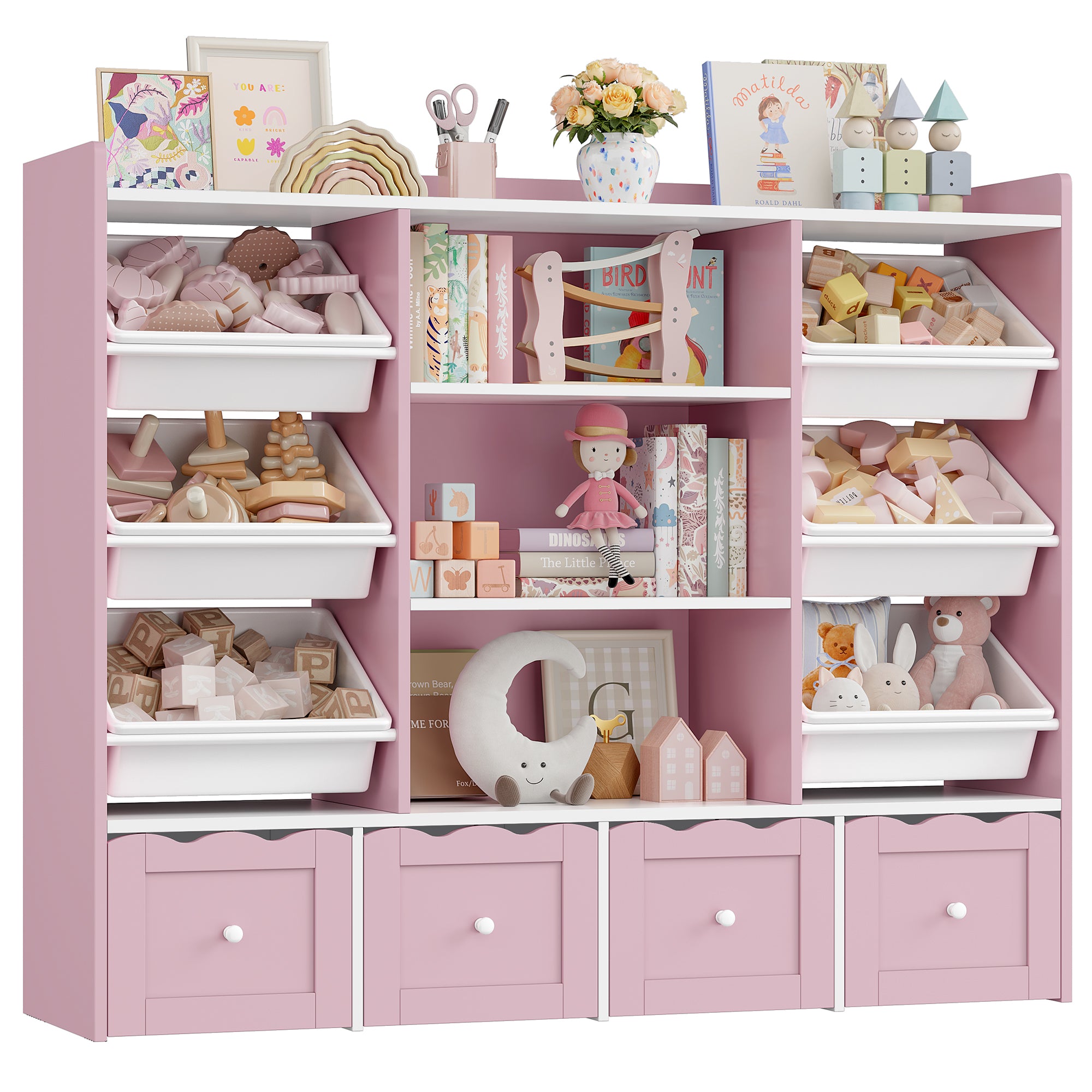 Hiphuta 55" Wide Toy Storage Organizer with 4 Removable Drawers, 4-Tier Kid Bookcase with 6 Bins, Toy Organizer with Bookcase for Kid Bedroom Playroom, Pink & White