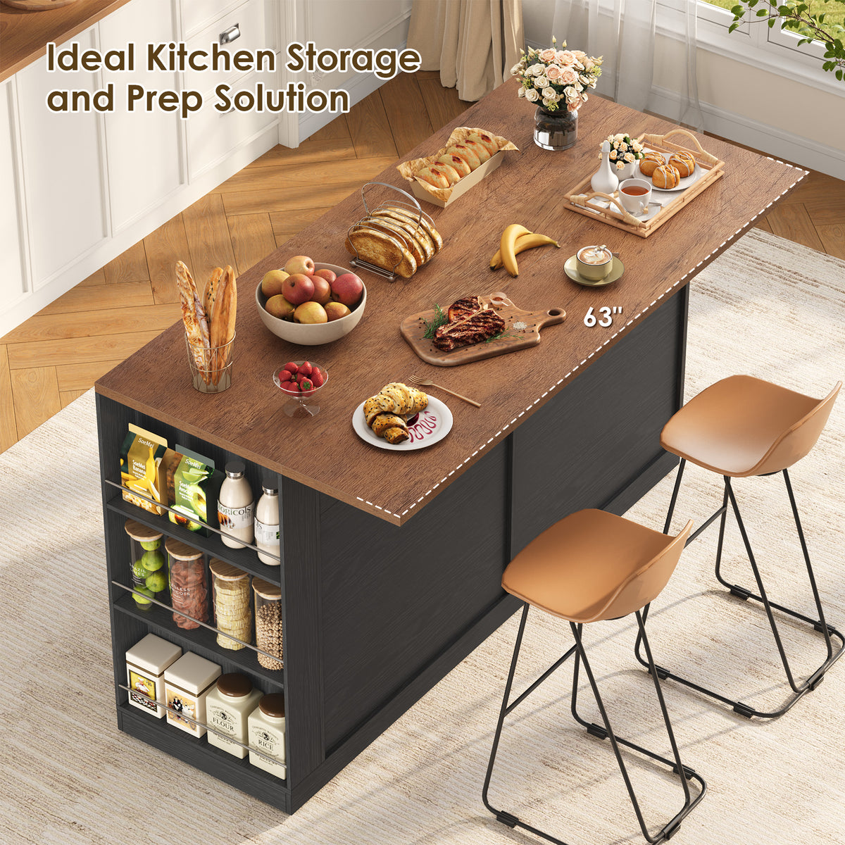 Hiphuta 63" Large Kitchen Island Cart with Storage, Rolling Island Table with Adjustable Shelves and 4 Drawers, Movable Buffet Cabinet for Dining room, Black
