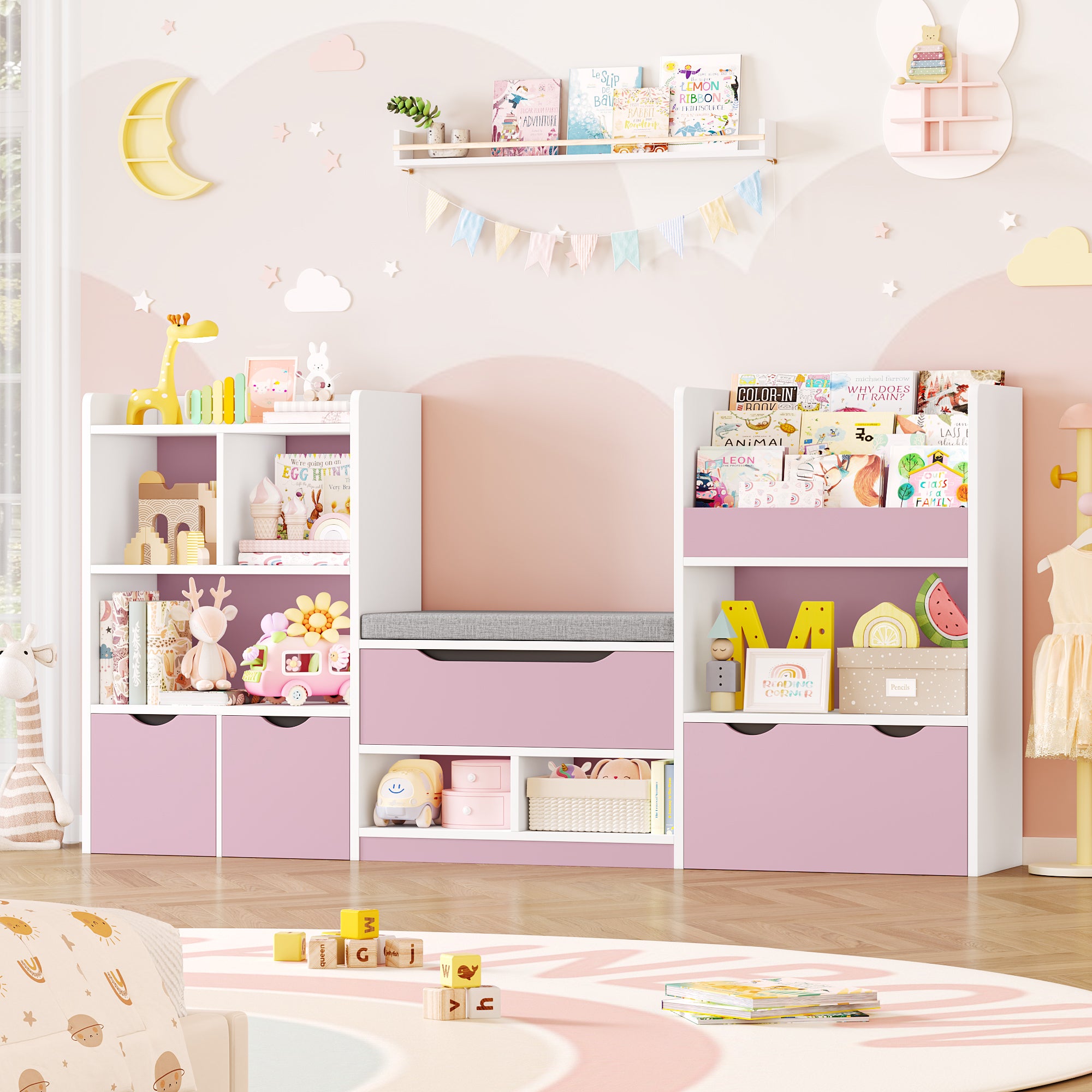 Hiphuta 72"Wide Kids Bookshelf with Reading Nook and Under Bench Storage, Kids Bookcase with Toy Organizer & Book Rack for Kids, Pink