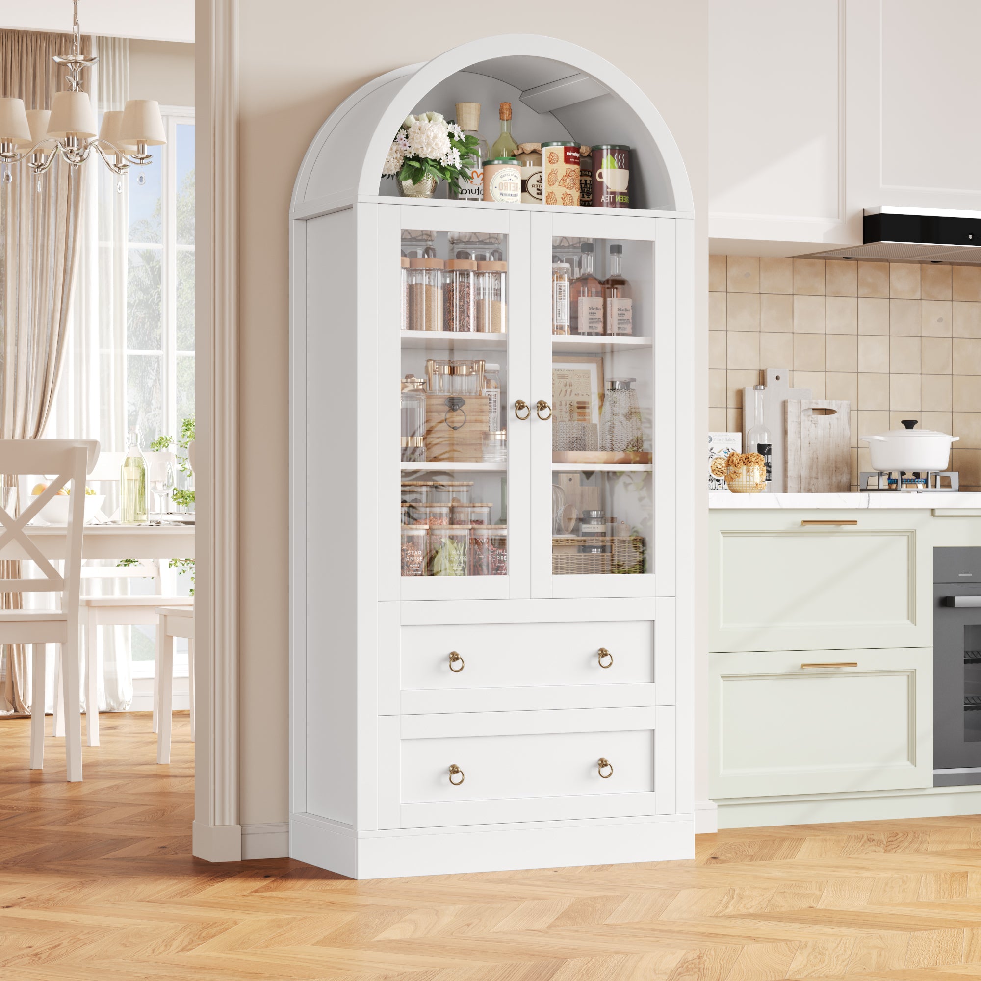 Hiphuta 70" Tall Arched Kitchen Pantry Storage Cabinet with 2 Large Drawers, Freestanding Modern Farmhouse Versatile Hutch Cupboard for Dining Room, White