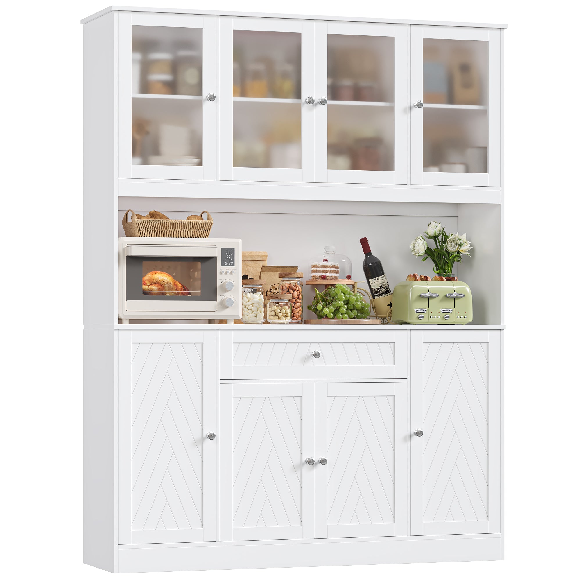 Hiphuta 72" H Kitchen Pantry Cabinet with Frosted Glass Door, 55" W Farmhouse Kitchen Cabinet with Cable Management, Storage Cabinet for Kitchen Dining Room