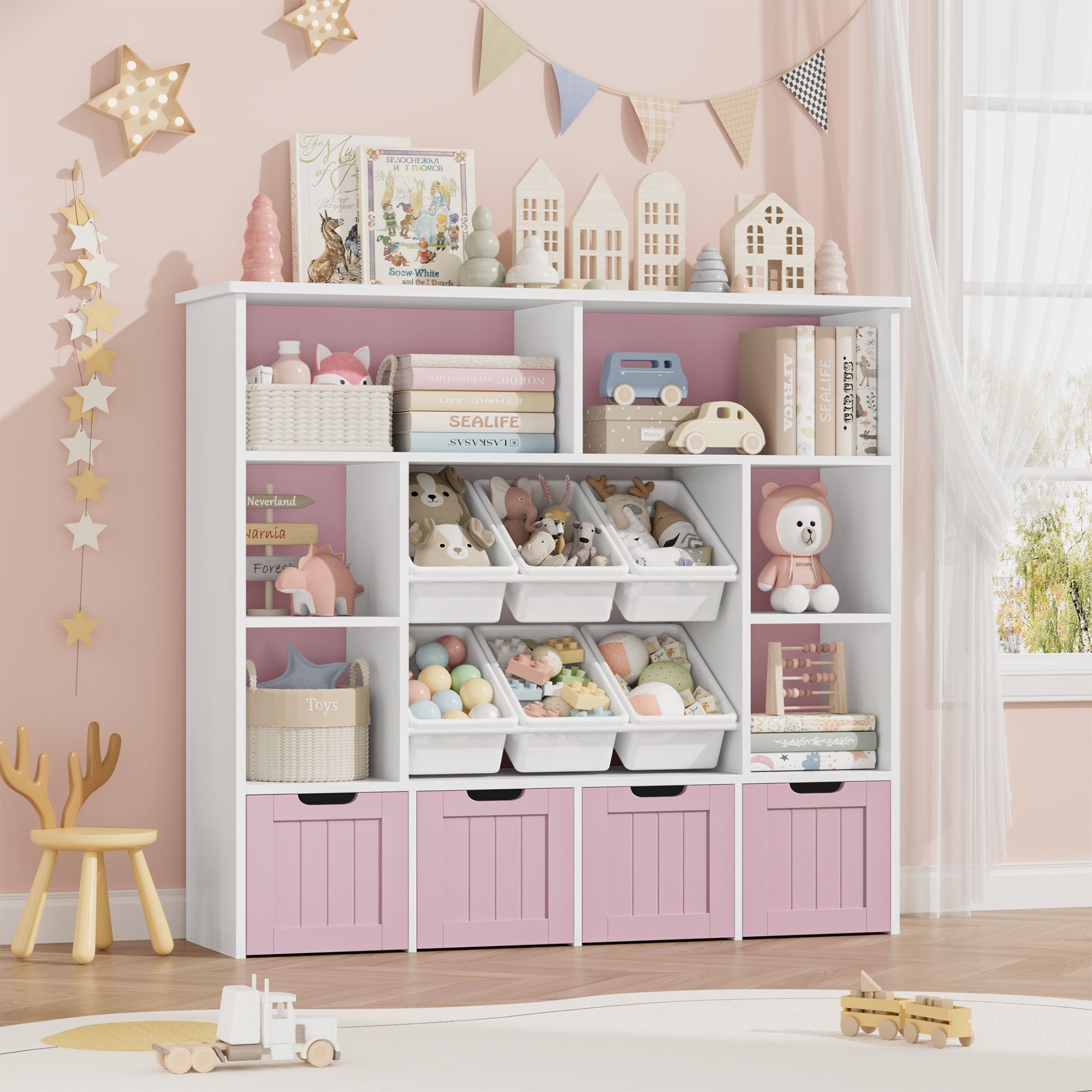 Hiphuta Large 4 Tier Kids Toy Organizer, Wood Toy Organizer of 6 Bins& 4 Removable Drawers, Children's Bookcase for Family Room, Pink