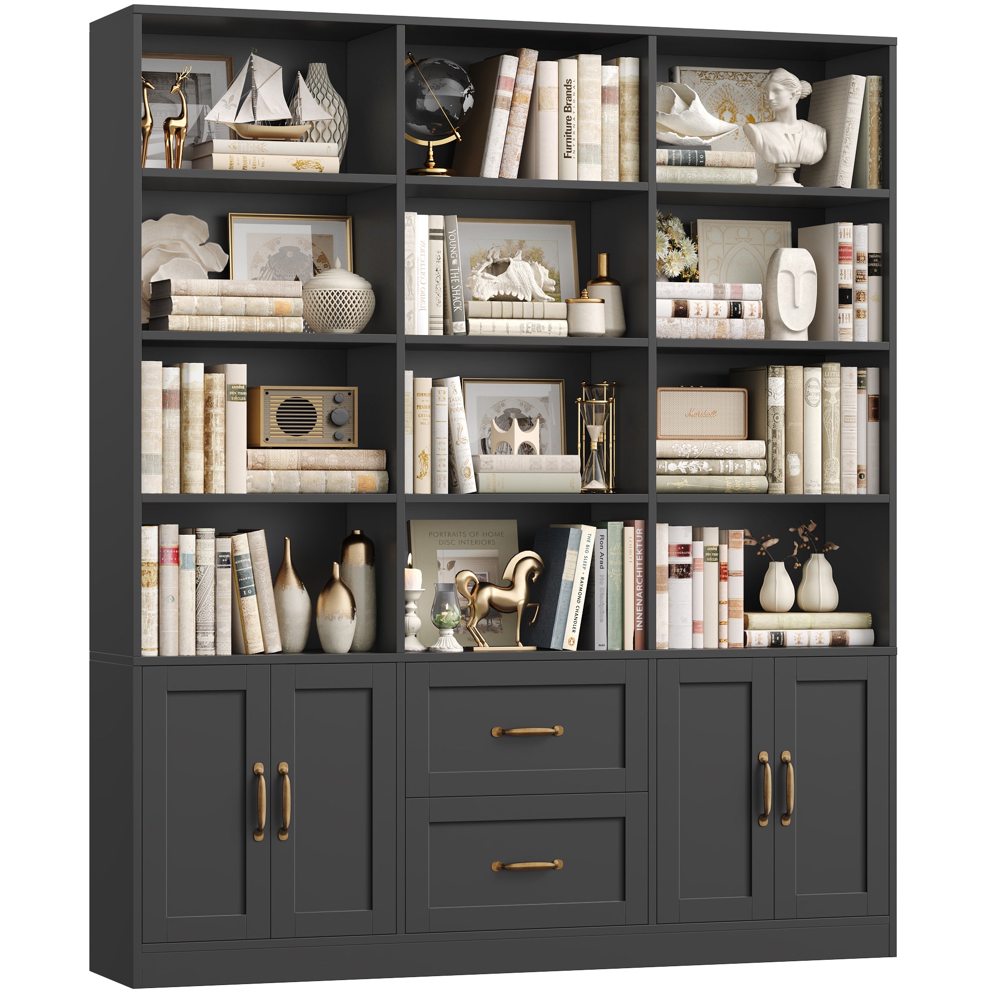 Hiphuta Triple Row 4-tier Bookcase, Large Bookcase with 4 Doors and 2 Drawers, Modern Minimalist Bookcase for Office Living Room, Black