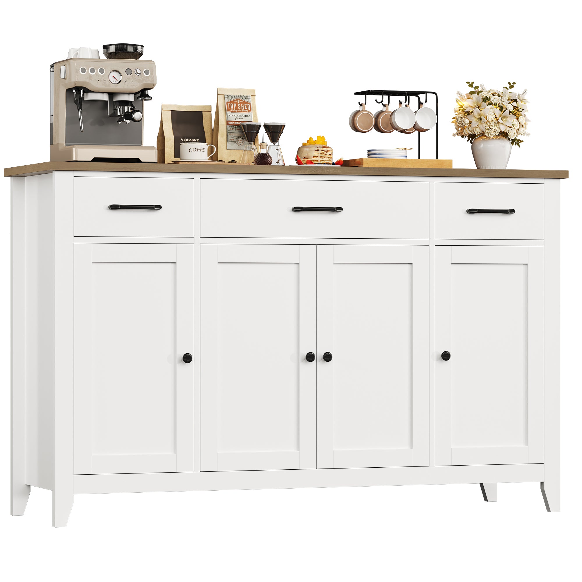 Hiphuta 55"Wide Buffet Cabinet with 2 Adjustable Shelves, Modern Farmhouse Coffee Bar with 3 Drawers and Sturdy Base for Living Room, White