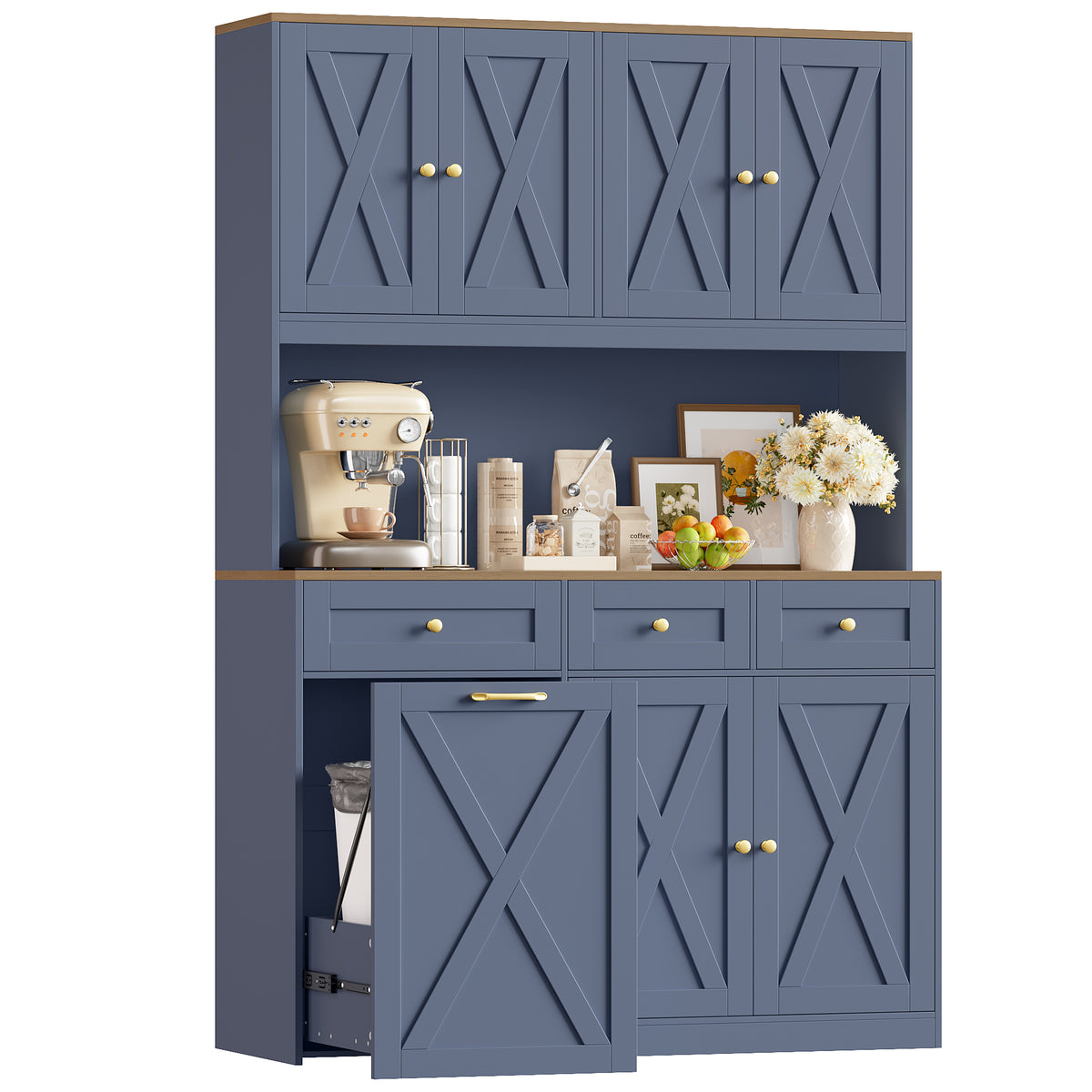 Hiphuta 73” Tall Kitchen Pantry Cabinet Fits 13 Gallon Trash Can Cabinet, Farmhouse Kitchen Storage Hutch with Pull Out Trash Can Storage for Dining Room Living Room, Dark Blue