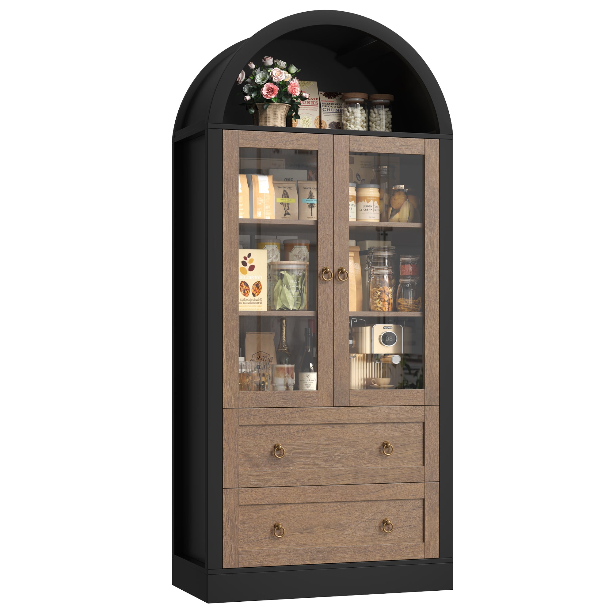 Hiphuta 70" Tall Arched Kitchen Pantry Storage Cabinet with 2 Large Drawers, Freestanding Modern Farmhouse Versatile Hutch Cupboard for Dining Room, Black & Oak