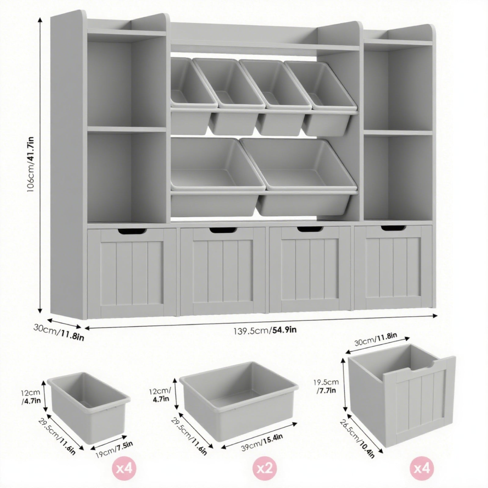 Hiphuta 3 Tier Kids Bookcase with Toy Storage Organizer, Wood Toy Organizer of 6 Boxes & 4 Removable Drawers, Gray