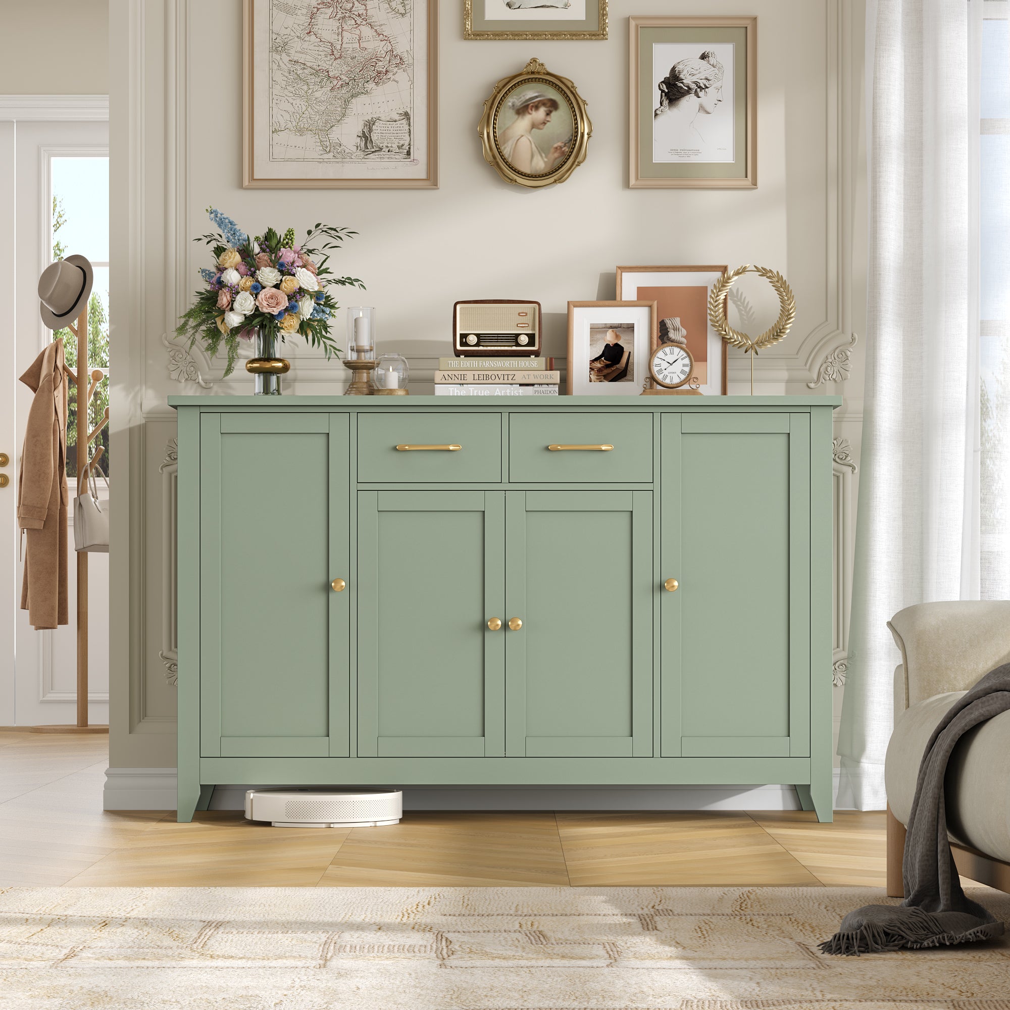 Hiphuta 55" Wide Buffet Cabinet with 2 Drawers & Adjustable Shelves, Modern Coffee Bar Cabinet with 2 Drawers and Sturdy Base for Living Room, Green