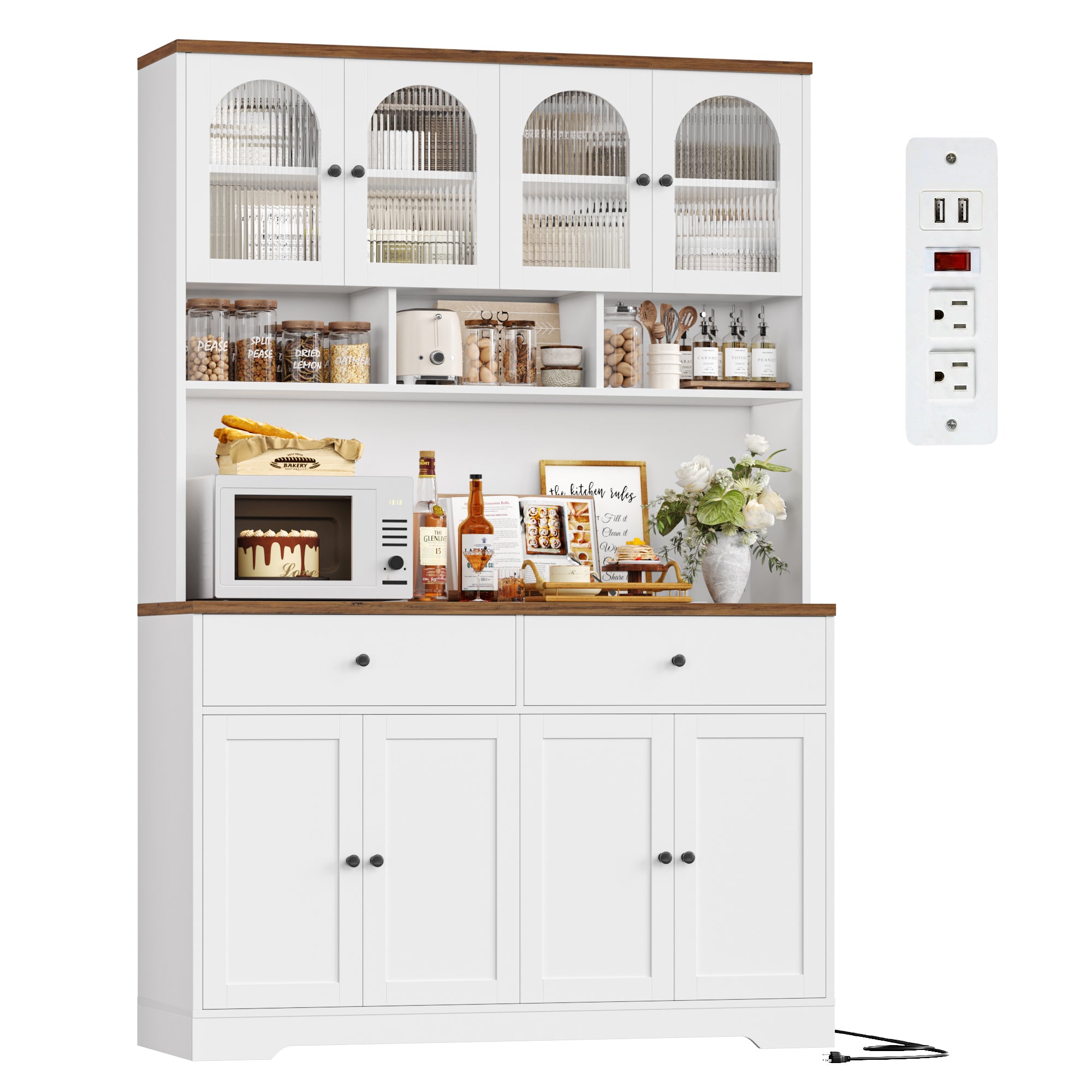Hiphuta 71" Tall Pantry Cabinet with Arched Glass Doors, 47" Wide Kitchen Storage Cabinet with Microwave Stand & Charging Station, Hutch Cupboard for Kitchen Dining Room, White