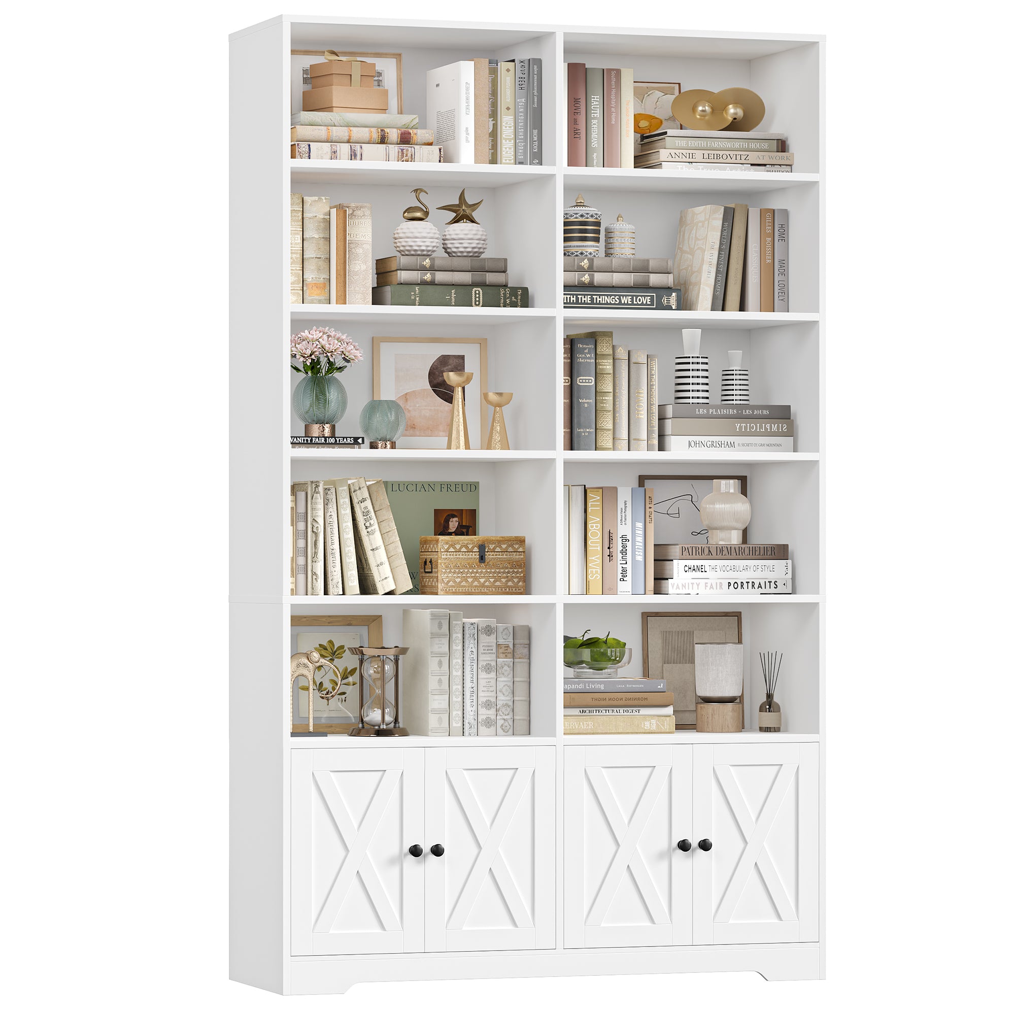 Hiphuta 78"H x 47"W Bookcase with Doors, Tall Bookshelves with Storage, 5-Tier Shelves Freestanding Display Bookcase for Home Office and Living Room, White