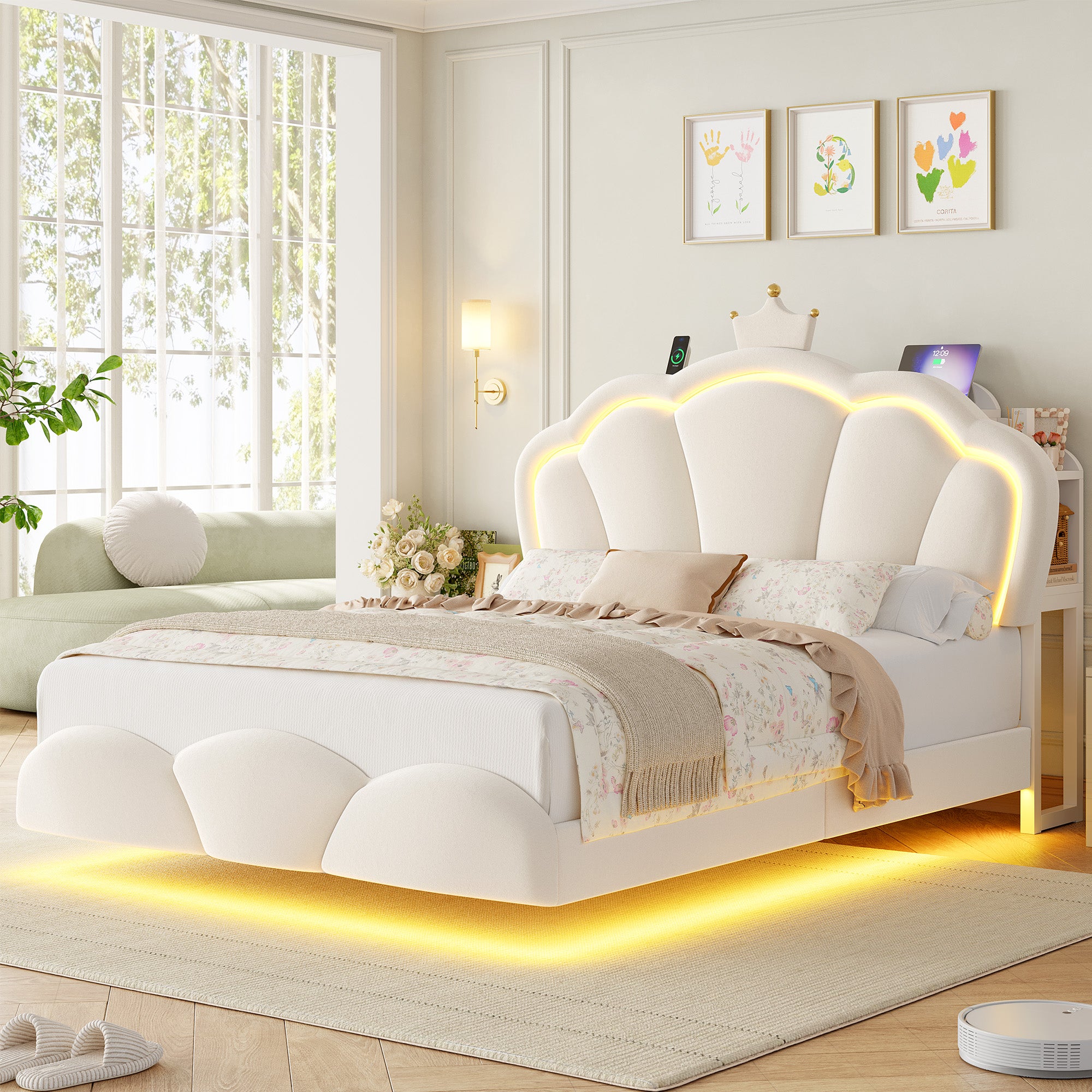 Hiphuta Queen Floating Bed Frame with Crown Storage Headboard, Velvet Upholstered Platform Bed with LED Lights & Charging Station, No Box Spring Needed, White