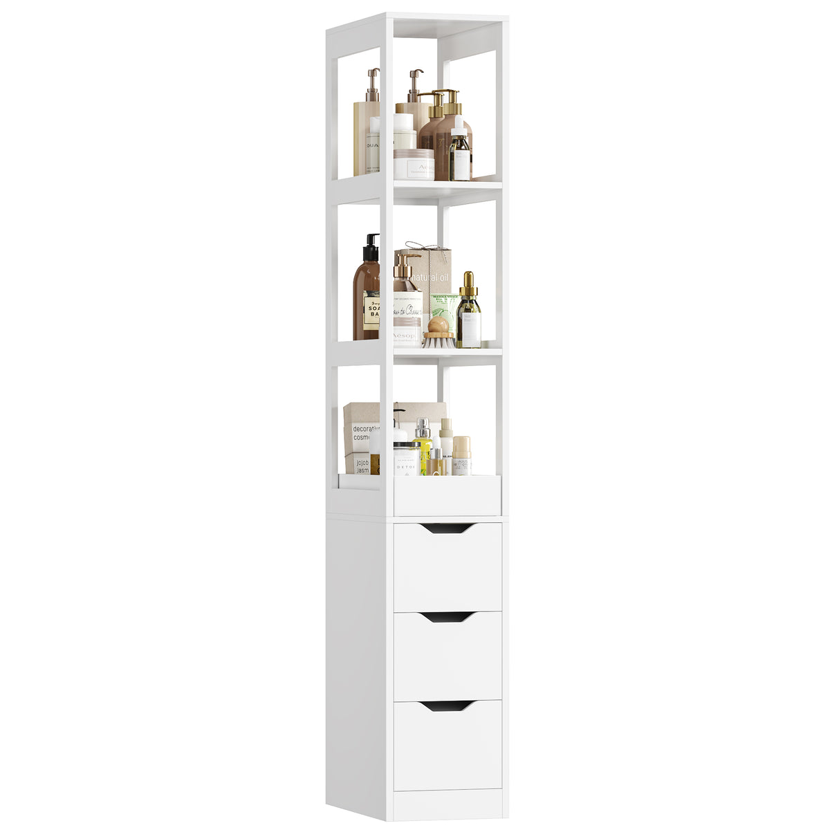 Hiphuta Bathroom Storage Tower with 3 Drawers, 67" Tall Bathroom Cabinet with 3-Tier Open Shelves, Narrow Linen Cabinet for Small Spaces, White
