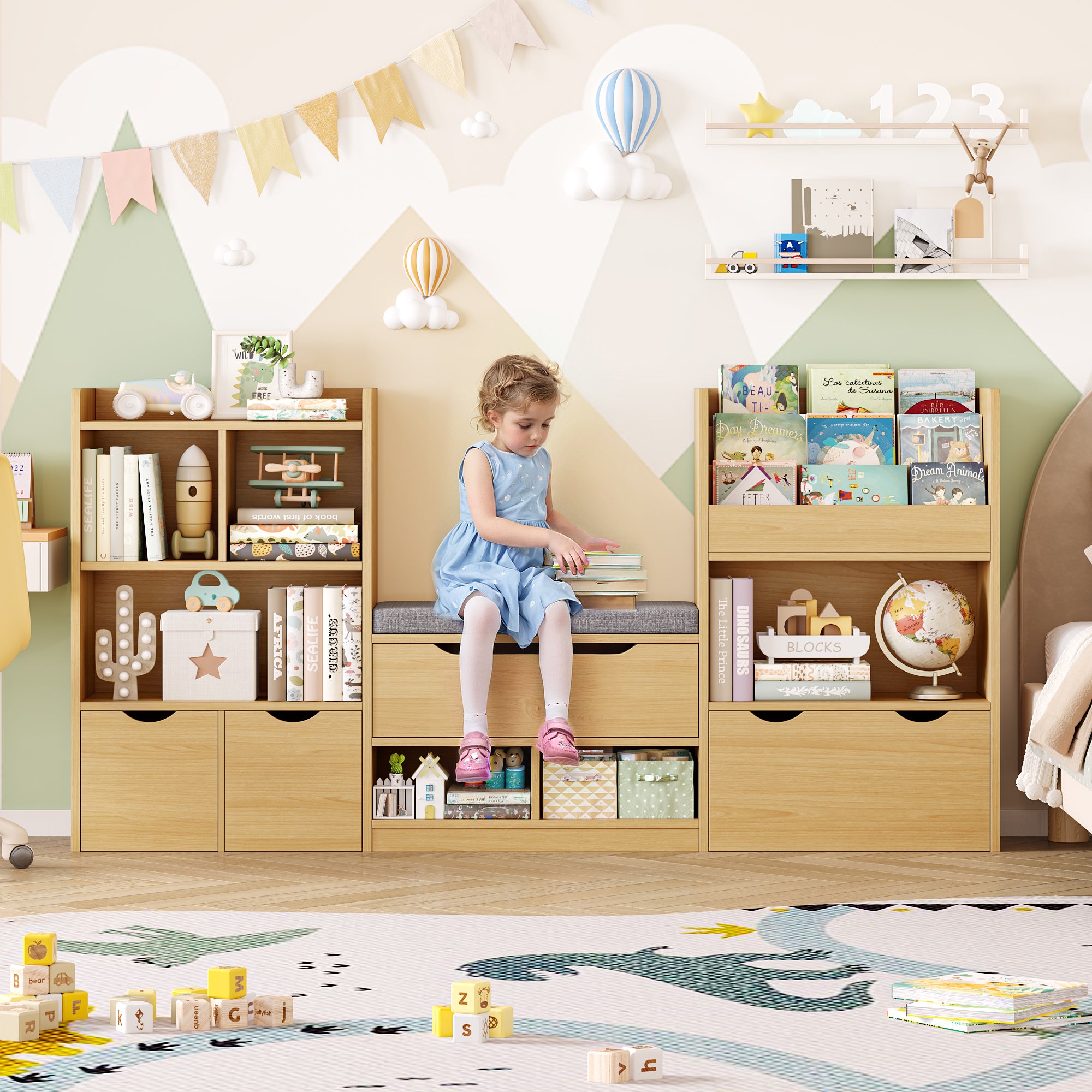 Hiphuta 72"Wide Kids Bookshelf with Reading Nook and Under Bench Storage, Kids Bookcase with Toy Organizer & Book Rack for Kids, Natural