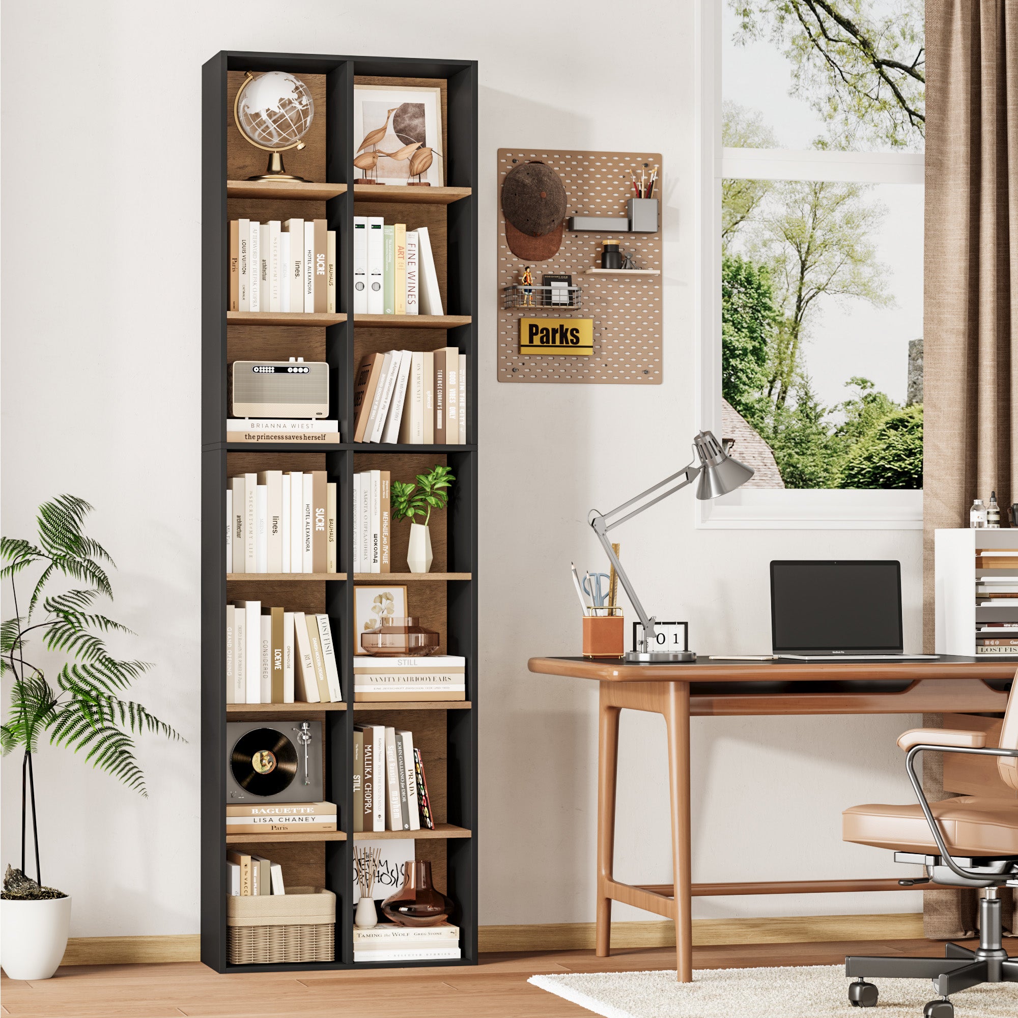 Hiphuta Tall Narrow Bookshelf 14 Tiers, Compact Corner Bookcase, Easy to Match for Living Room, Office, Study, Bedroom, Black & Oak