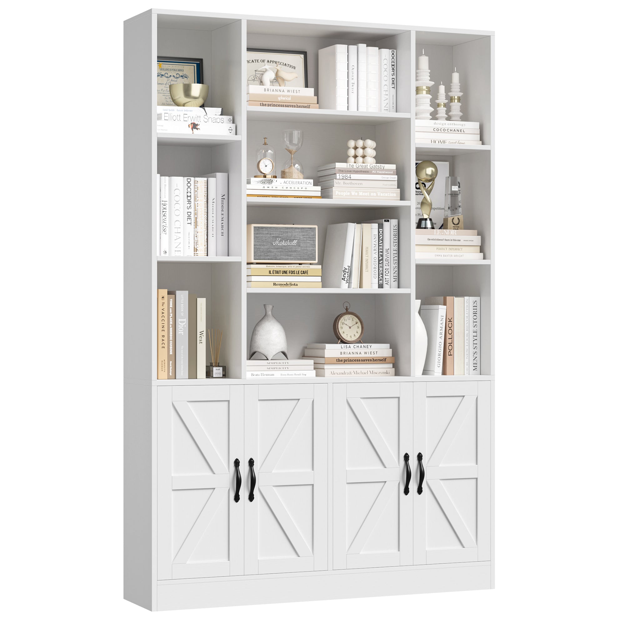 Hiphuta 74.8" Tall Bookcases with 2 Double Door Cabinet, Wooden Storage Bookshelf for Living Room Home Office, White