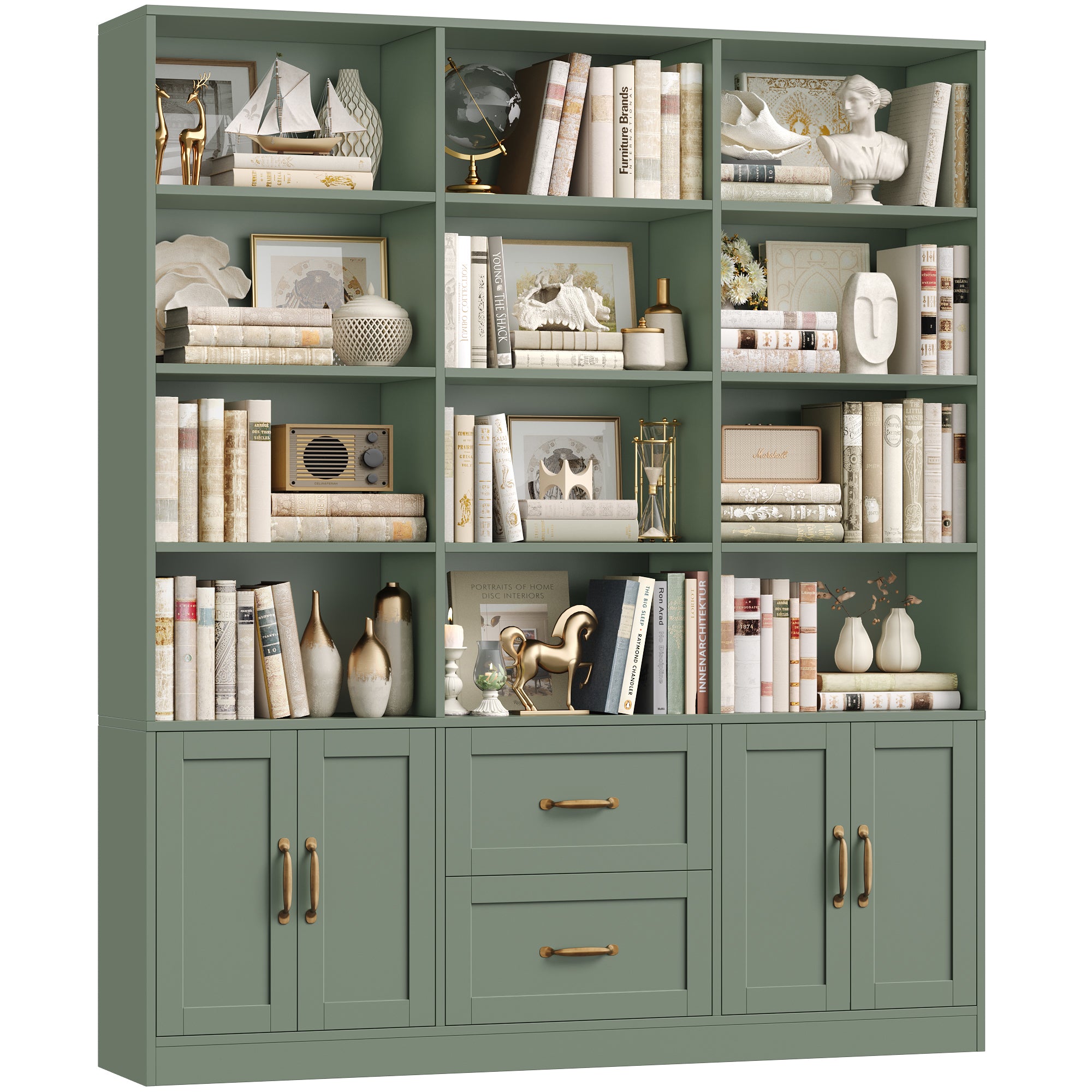 Triple Row 4-tier Bookcase, Large Bookcase with 4 Doors and 2 Drawers, Modern Minimalist Bookcase for Office Living Room, Green