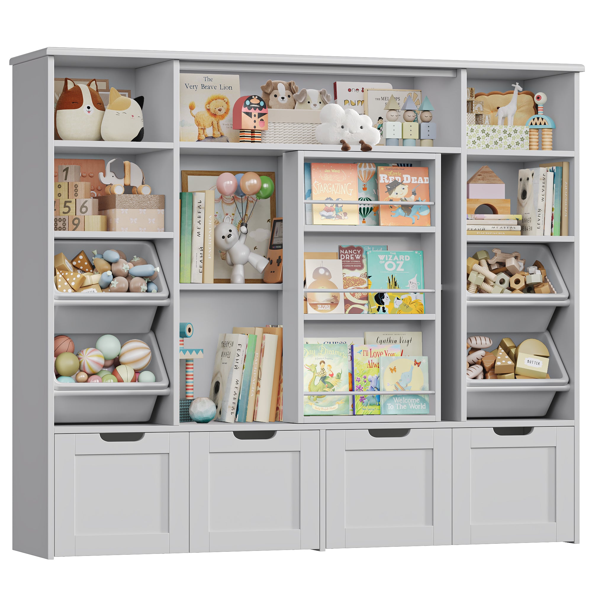 Hiphuta Kid Toy Storage with Bookshelf, Kid Toy Organizer with 4 Removable Drawers, Kid Bookcases with Toy Box for Kid Bedroom Playroom, Gray