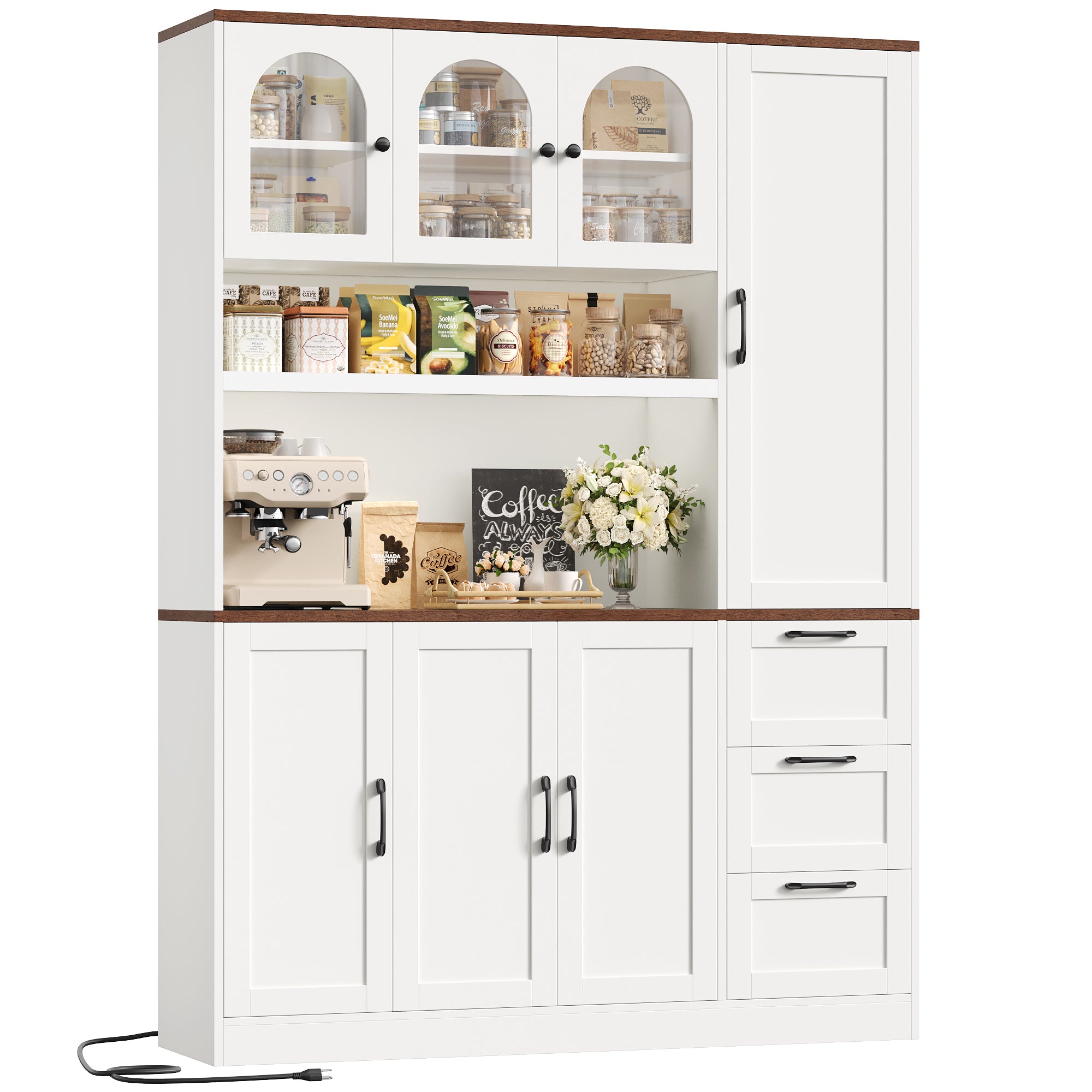 Hiphuta 75" Tall Kitchen Pantry Storage Cabinet, Freestanding Kitchen Hutch with 7 Doors and 3 Drawers for Dining and Living Room, White