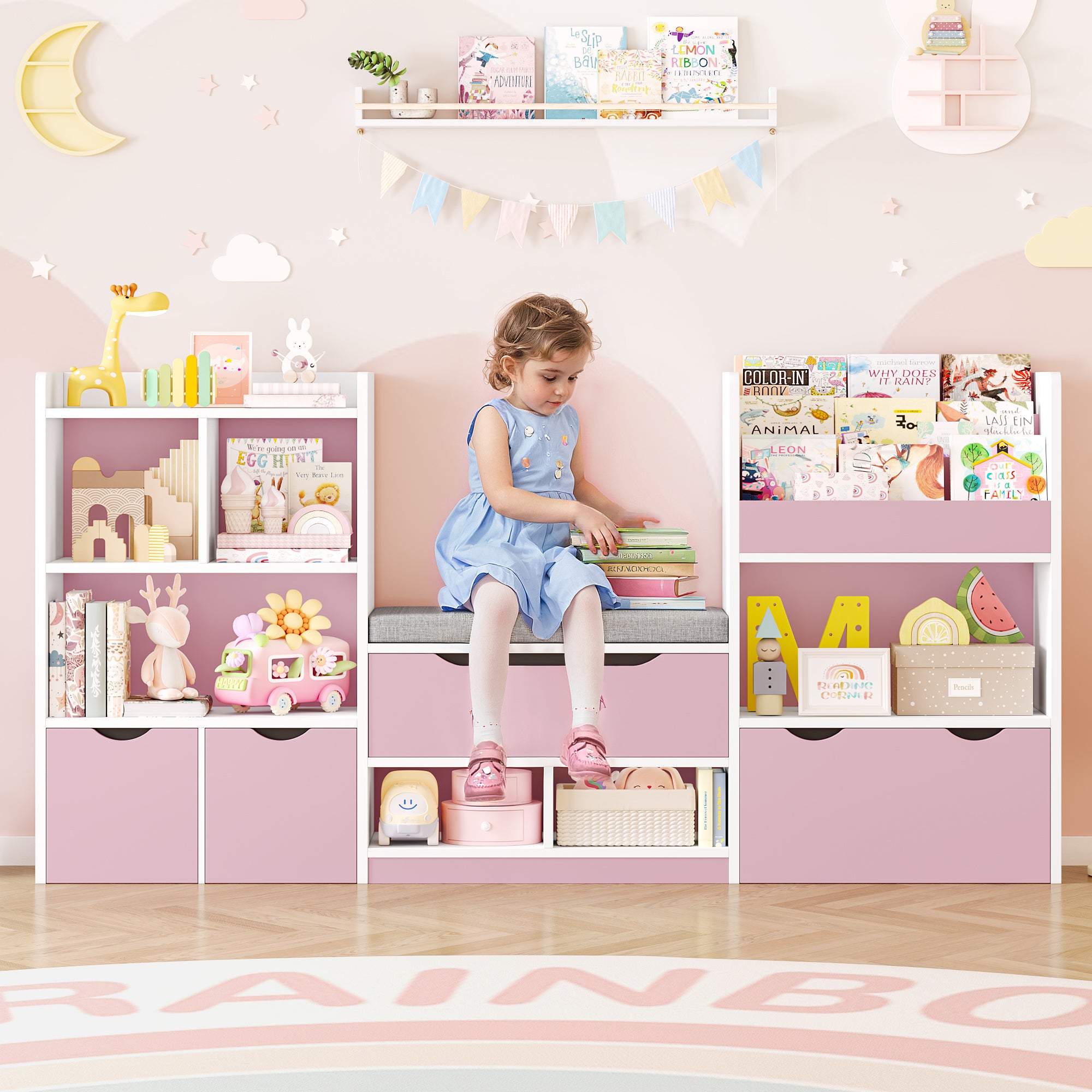 Hiphuta 72"Wide Kids Bookshelf with Reading Nook and Under Bench Storage, Kids Bookcase with Toy Organizer & Book Rack for Kids, Pink