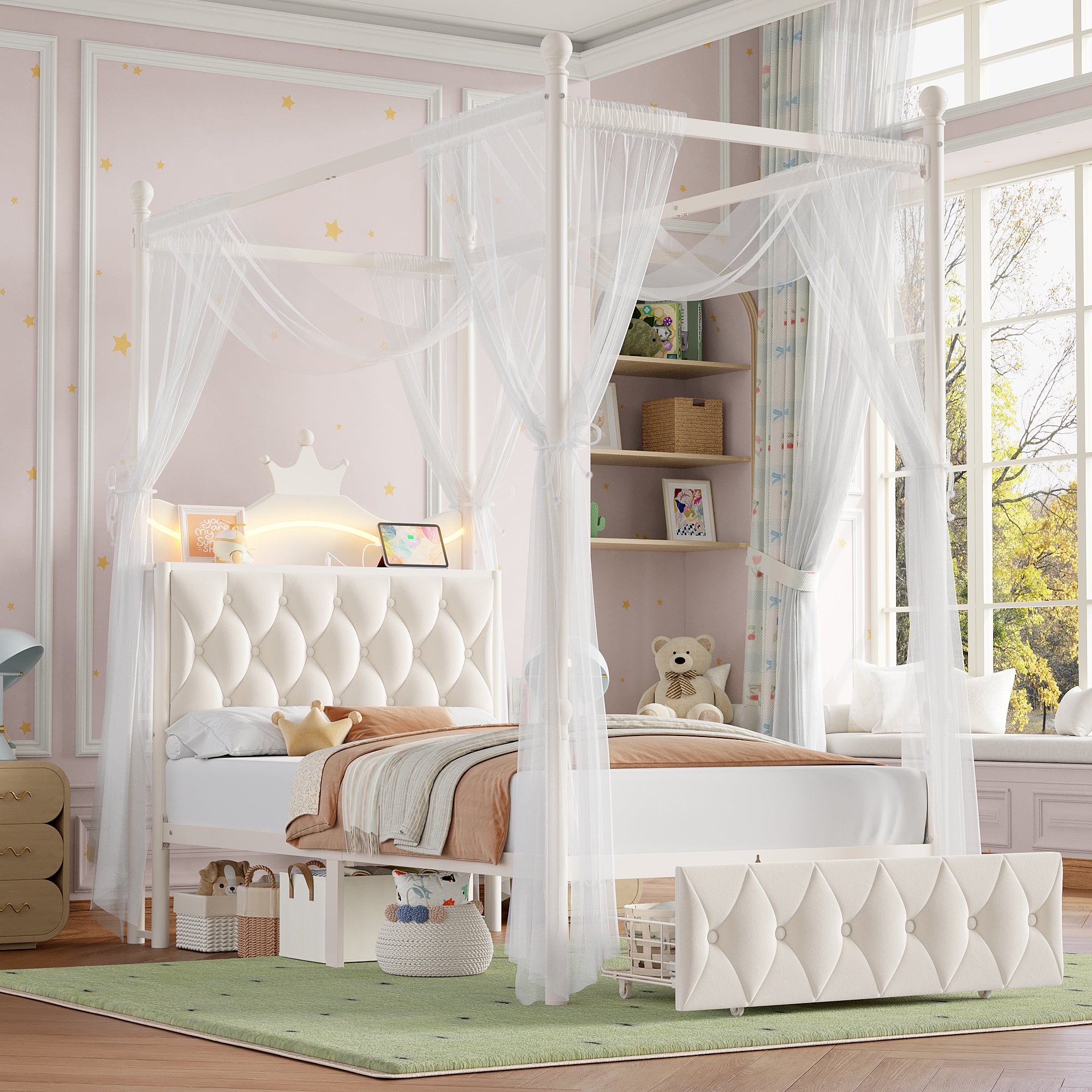 Hiphuta Twin Size Crown Canopy Bed with Power Outlet & LED, Upholstered Princess Beds with 4 Removable Posts, Twin Bed Frame, White