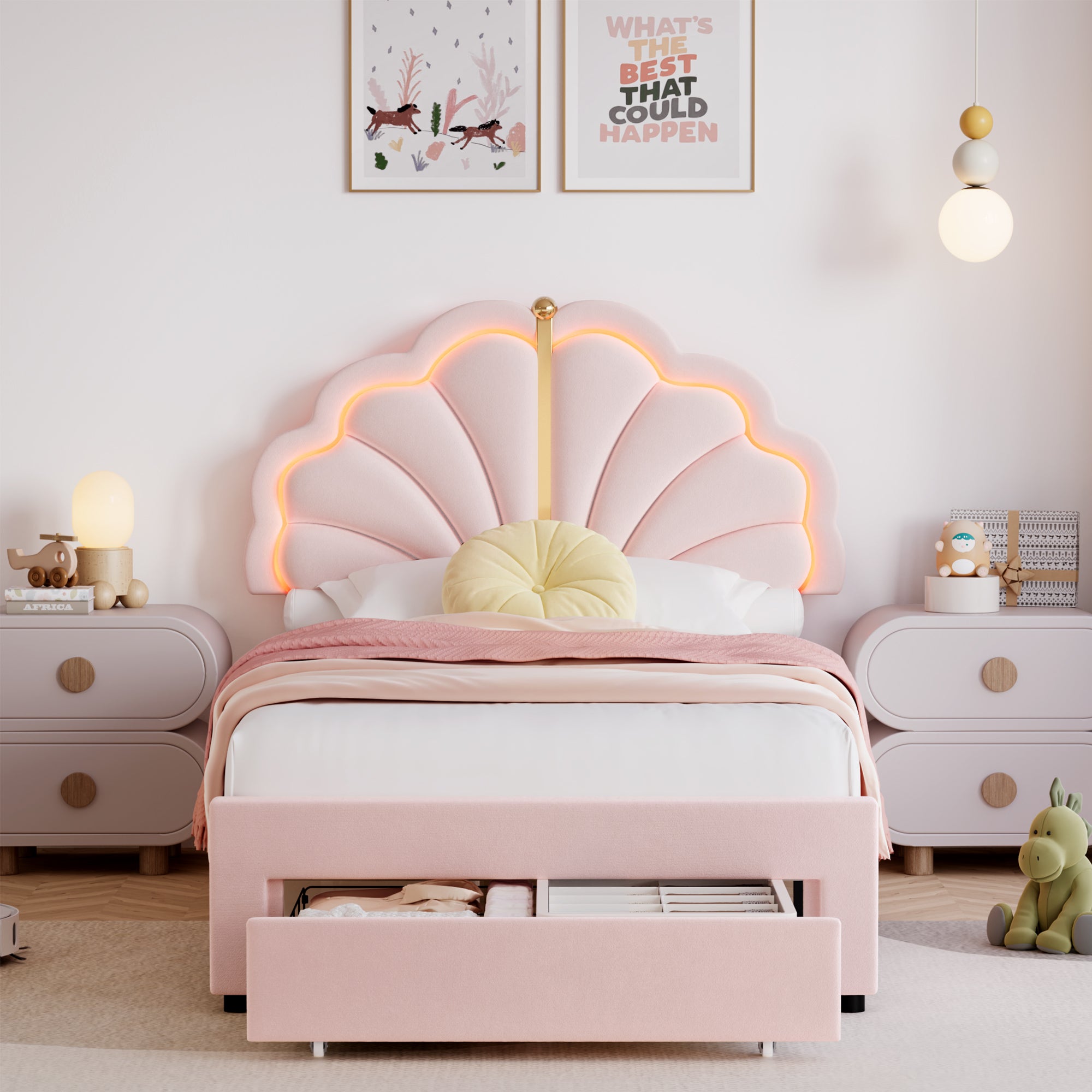 Hiphuta Kids LED Twin Bed with 2 Drawers, LED Lights Platform Bed Frame with Upholstered Tufted Headboard, No Box Spring Needed, Velvet Pink