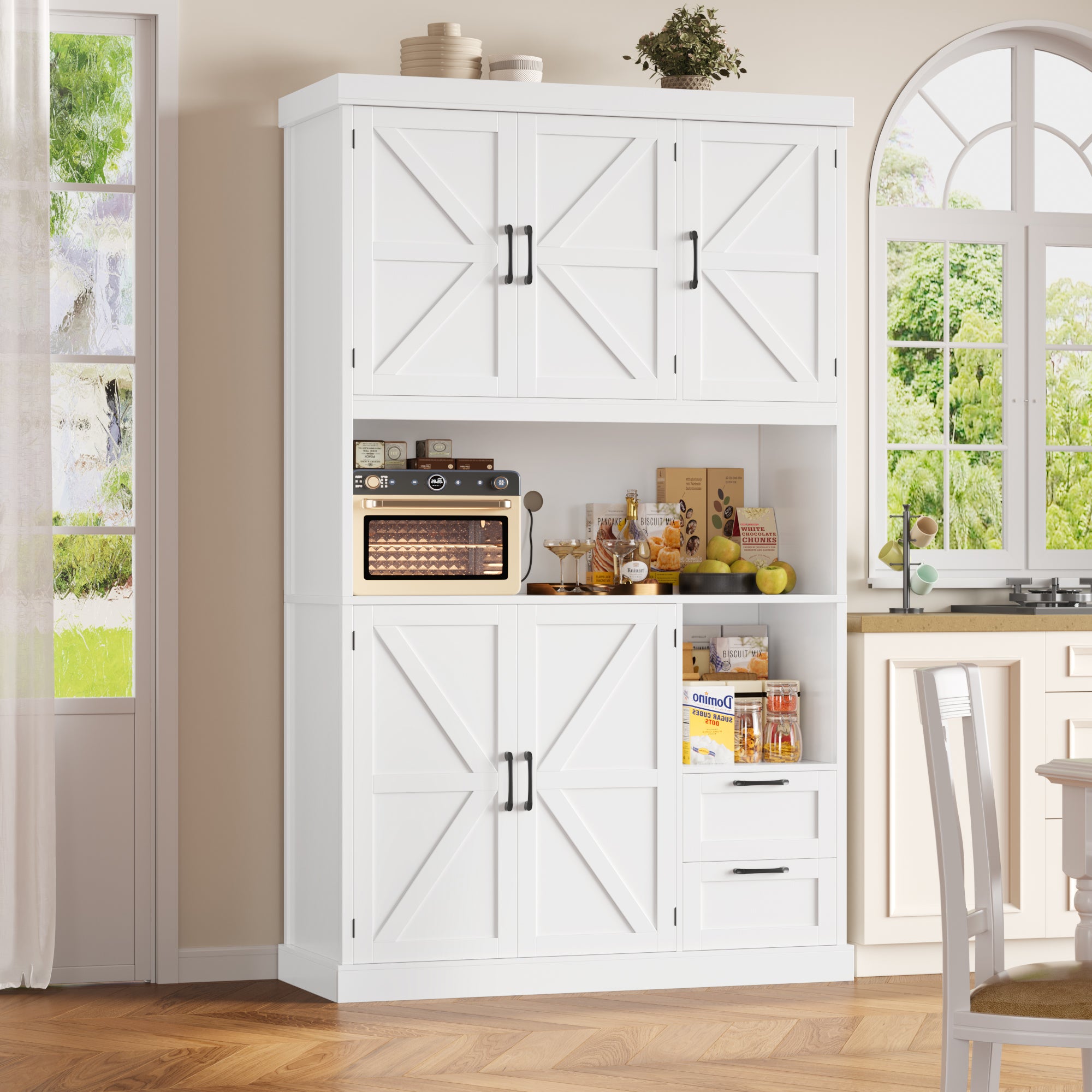 Hiphuta 76" Farmhouse Kitchen Pantry Storage Cabinet, Freestanding Hutch with 5 Doors, 2 Drawers & Microwave Stand, Cupboard for Kitchen, White
