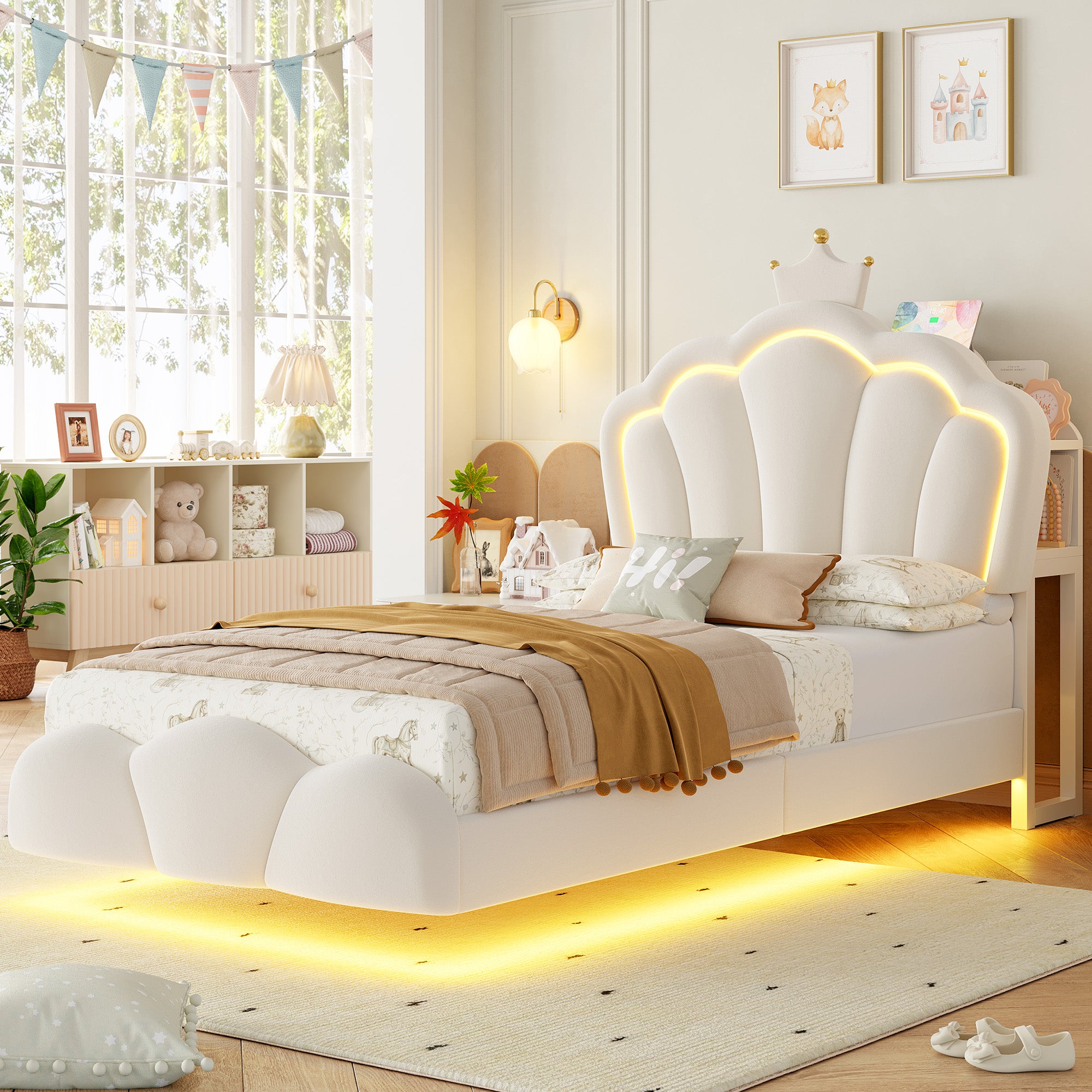 Hiphuta Twin Floating Bed Frame with Crown Storage Headboard, Velvet Upholstered Platform Bed with LED Lights & Charging Station, No Box Spring Needed, White