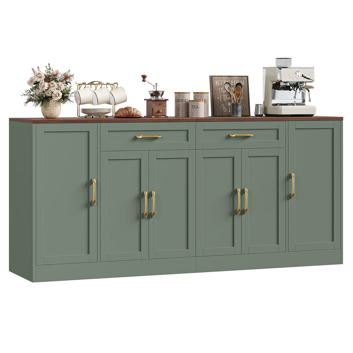 Hiphuta 70.8"W Large Buffet Cabinet with 6 Doors, Modern Farmhouse Sideboard with 2 Drawers, Coffee Bar for Kitchen Dining Room Living Room, Green