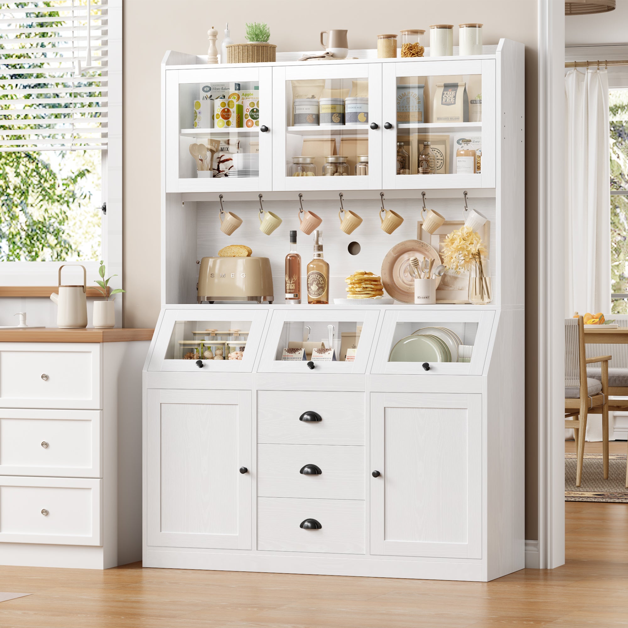Hiphuta Farmhouse Kitchen Pantry Storage Cabinet, 71”H Freestanding Hutch with 8 Doors and 3 Drawers for Dining and Living Room, White