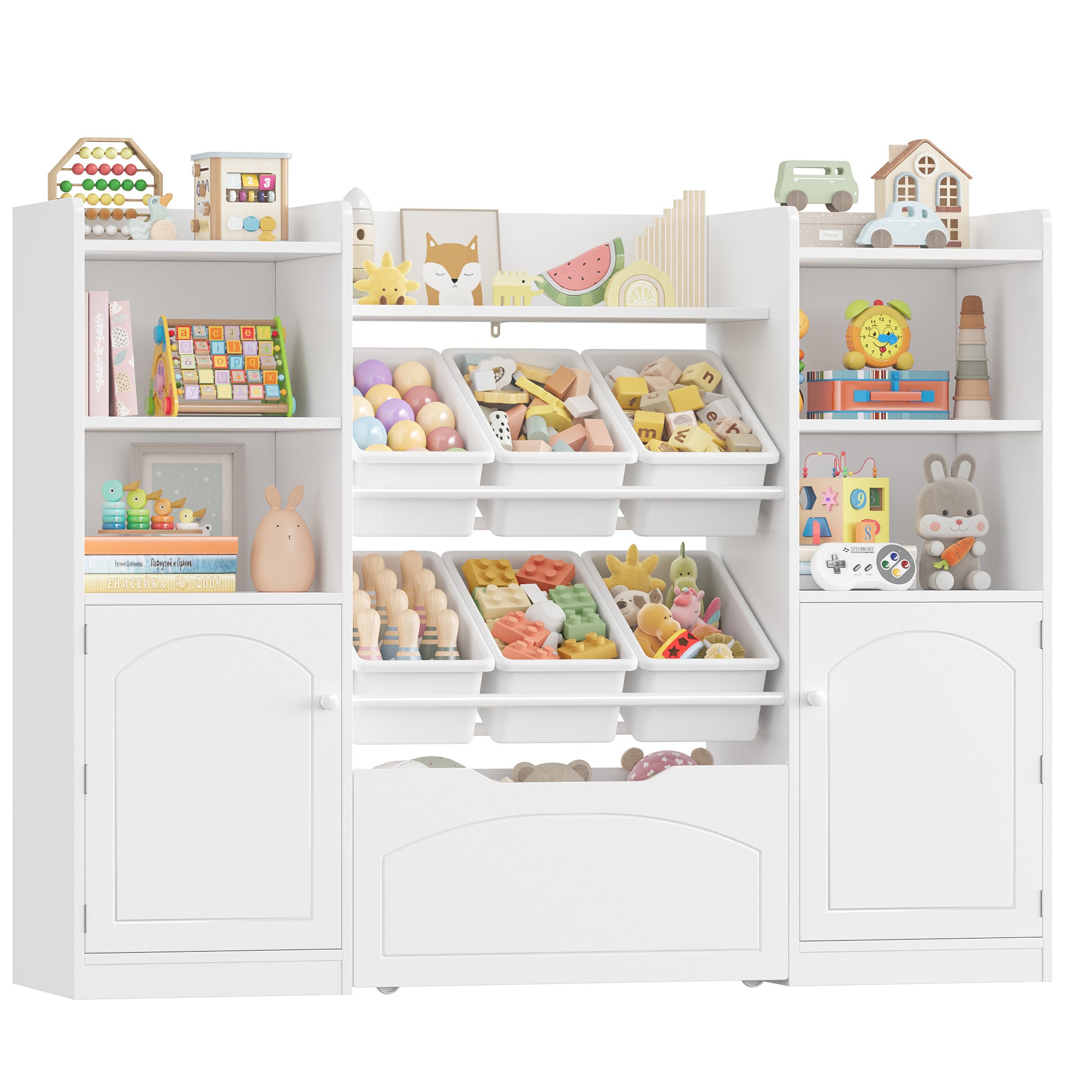 Hiphuta 55"Wide Toy Storage Organizer with Book Shelves Behind The Doors, Kids Bookcase Wood Toy Organizer of 6 Removable Boxes & 8 Storage Cubes, White
