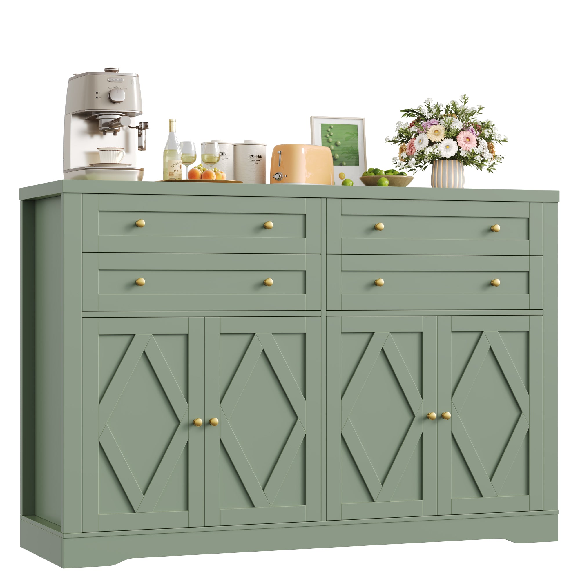 Hiphuta 55" Wide Coffee Bar with 2 Adjustable Shelves, Modern Farmhouse Sideboard Buffet with 4 Drawers for Living Room, Green