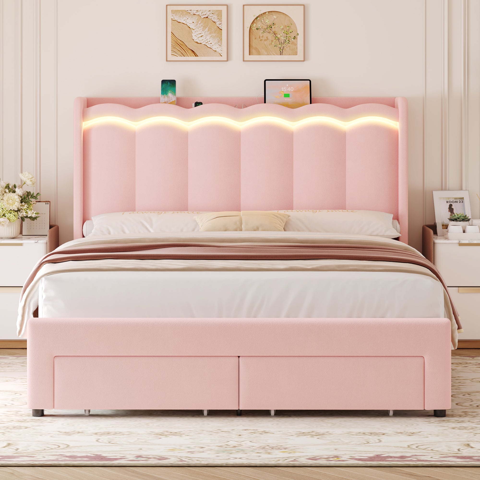 Hiphuta Queen Size Bed with Power Outlet & LED, Upholstered Velvet Beds with Drawer, Queen Beds with Headboard Storage, Pink