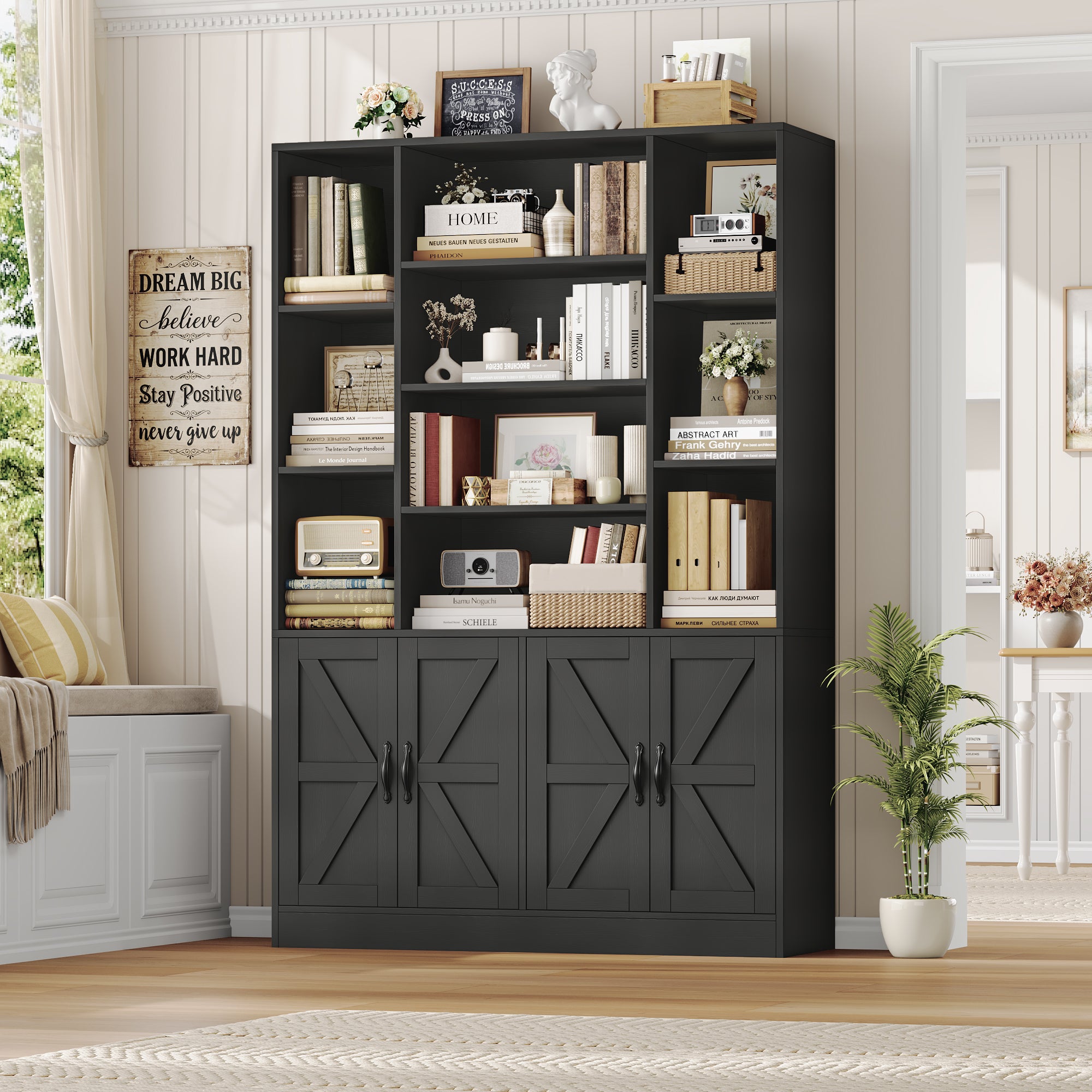 Hiphuta 75" Tall Modern Bookcases with 2 Double Door Cabinet, 47"Wide Wooden Storage Bookshelf for Living Room Home Office Entryway, Black