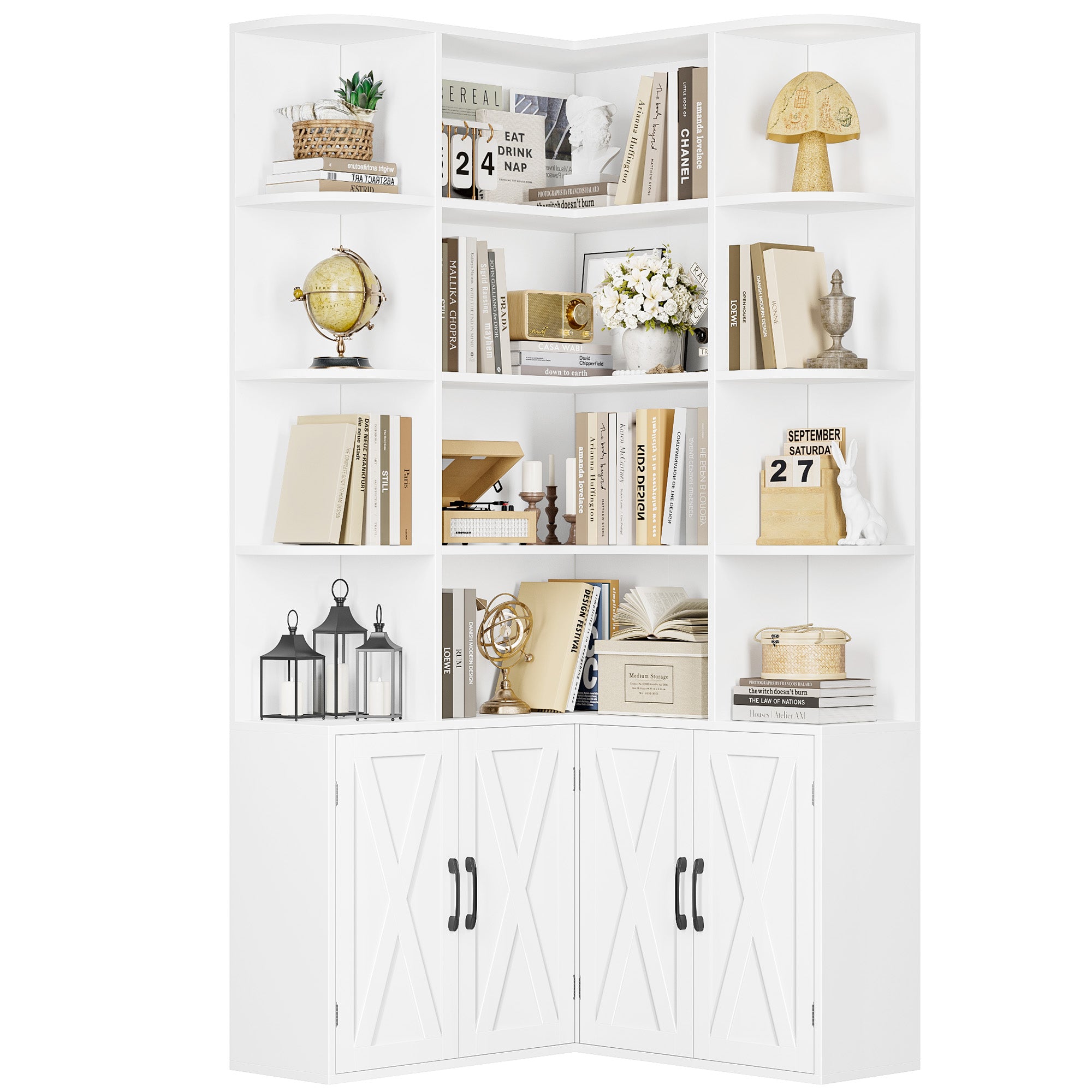 Hiphuta 74" Tall 6 Tier Corner Bookcase with 4 Doors, 31" Wide Farmhouse Large Corner Bookcase with Curved Edges, L Shaped Bookshelf for Office Living Room, White