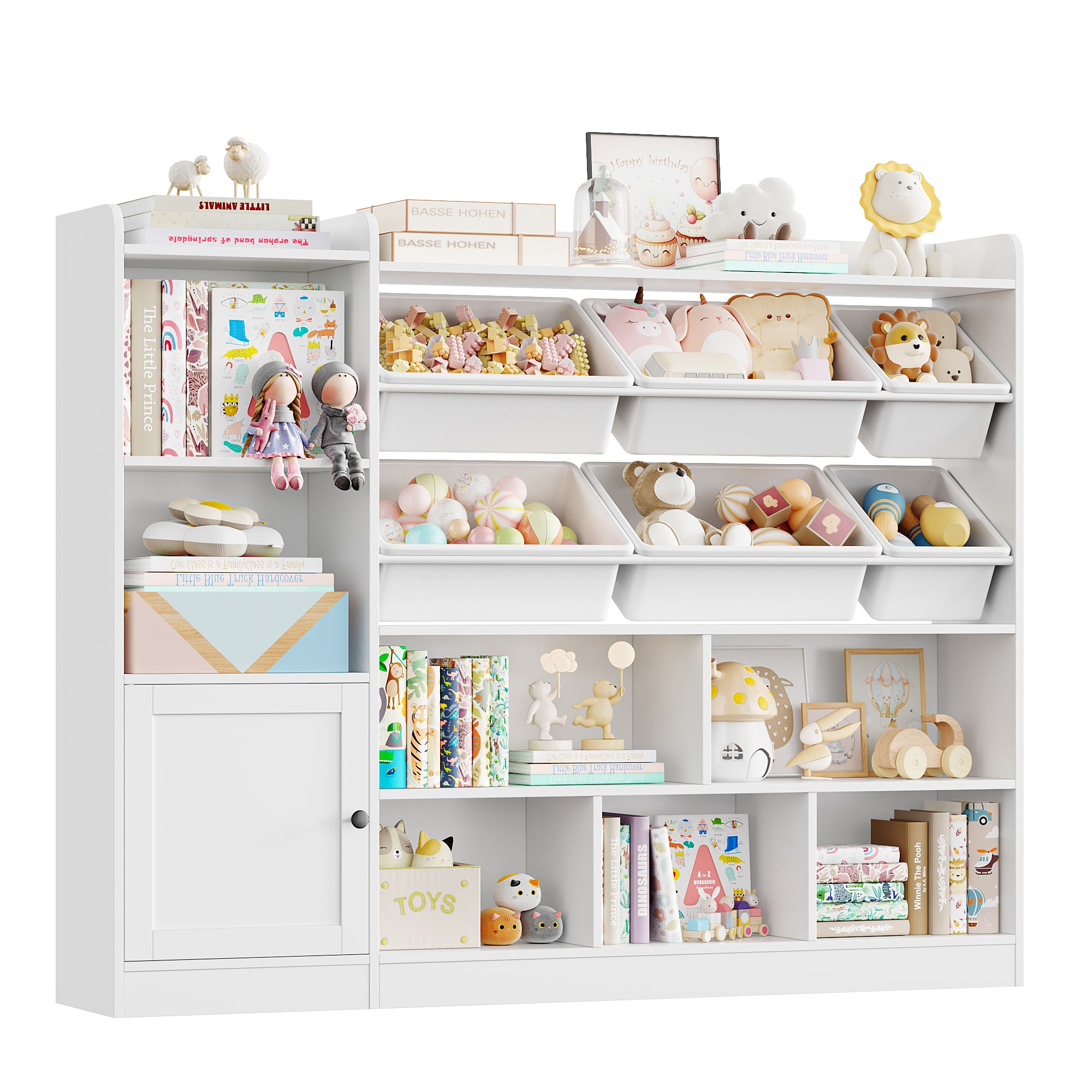 Hiphuta Kids Toy Organizer, Wood Toy Cabinet of 8 Compartments & 6 Movable Bins, White Bookshelf for Kids Bedroom